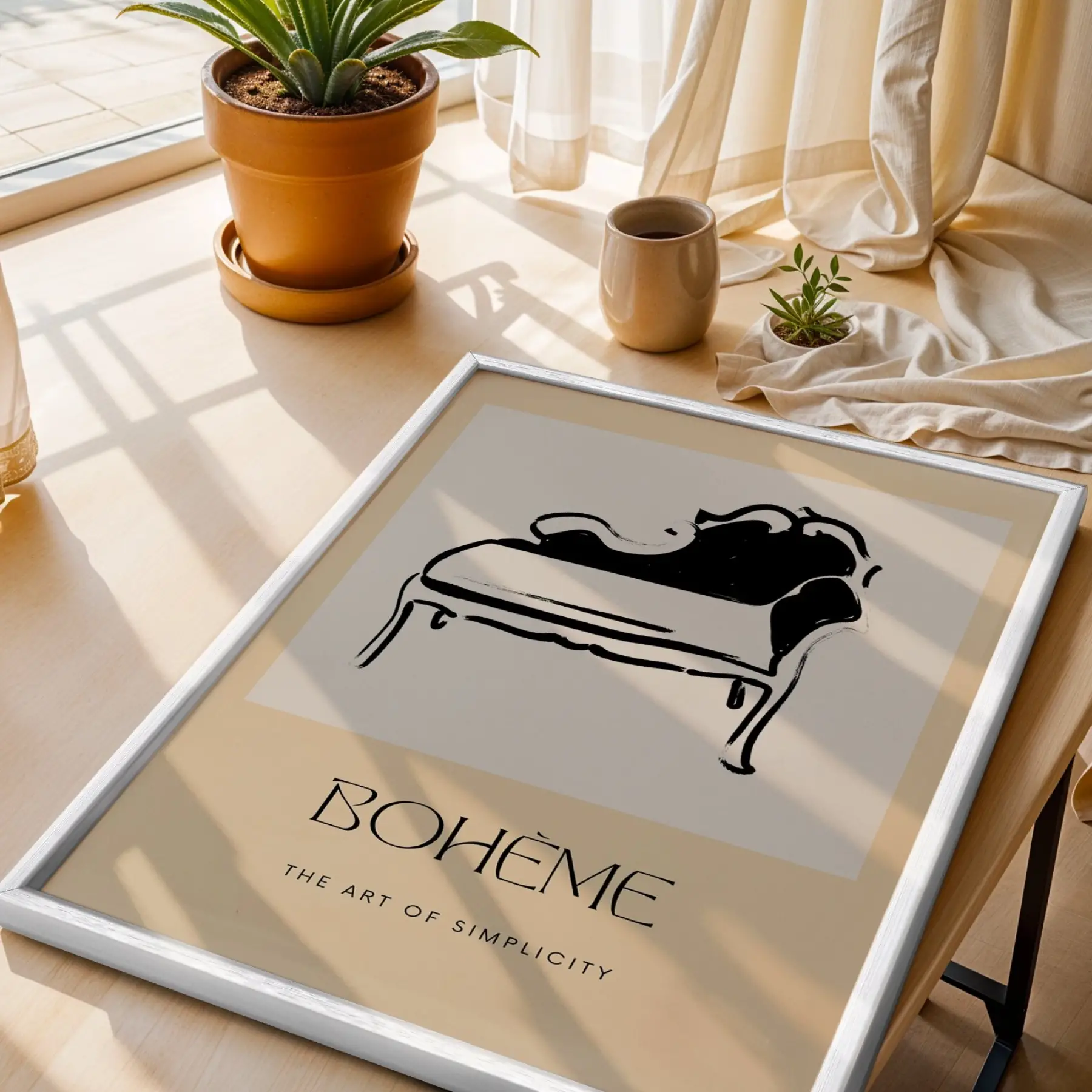 Bohem Koltuk Çizimi Beyaz Ahşap Çerçeveli Tablo Dekoru Poster Obje Ev Aksesuarları Modern