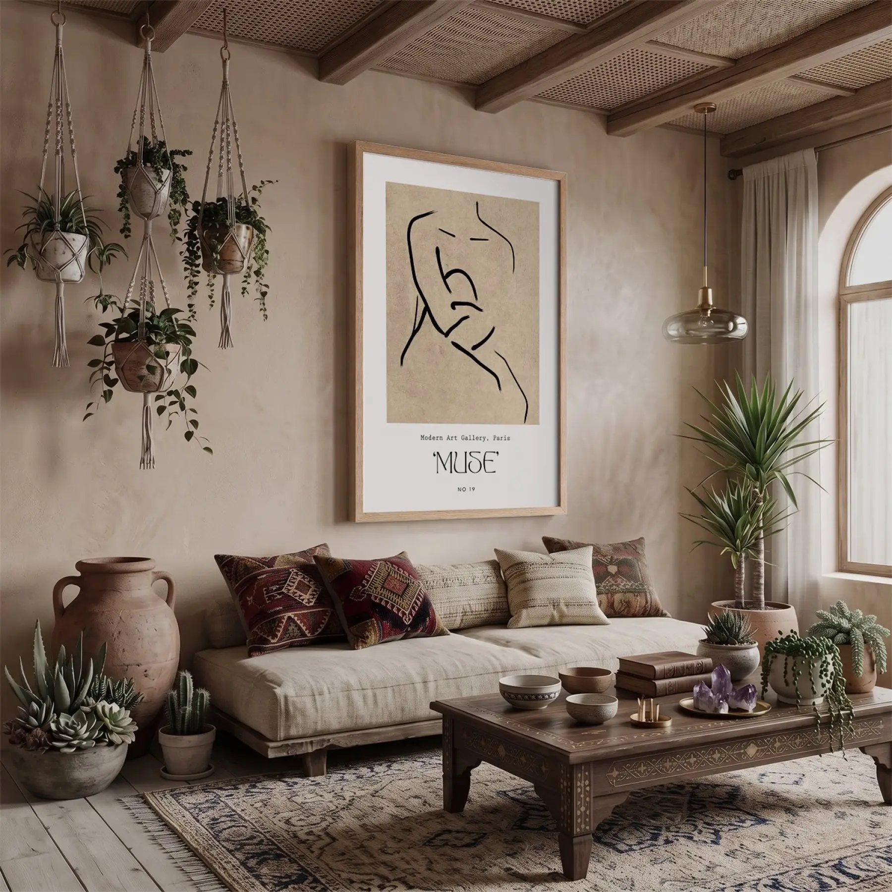 Minimalist Muse Çizimi Doğal Ahşap Çerçeveli Tablo Mekan Yatak Koridor Ofis Kanvas Görünümlü
