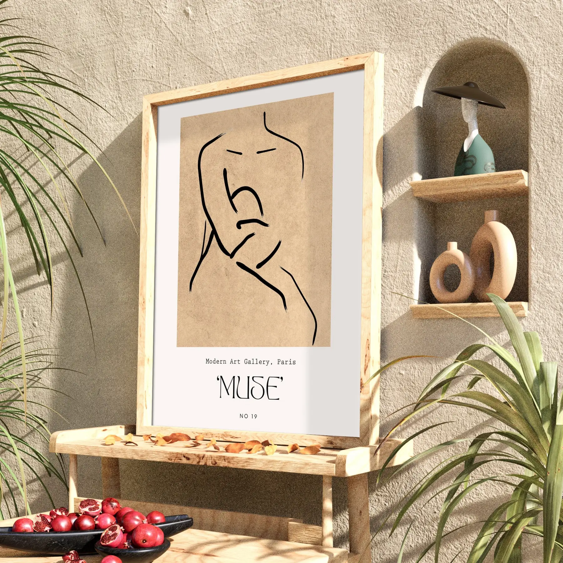 Minimalist Muse Çizimi Doğal Ahşap Çerçeveli Tablo Mekan Yatak Koridor Ofis Kanvas Görünümlü