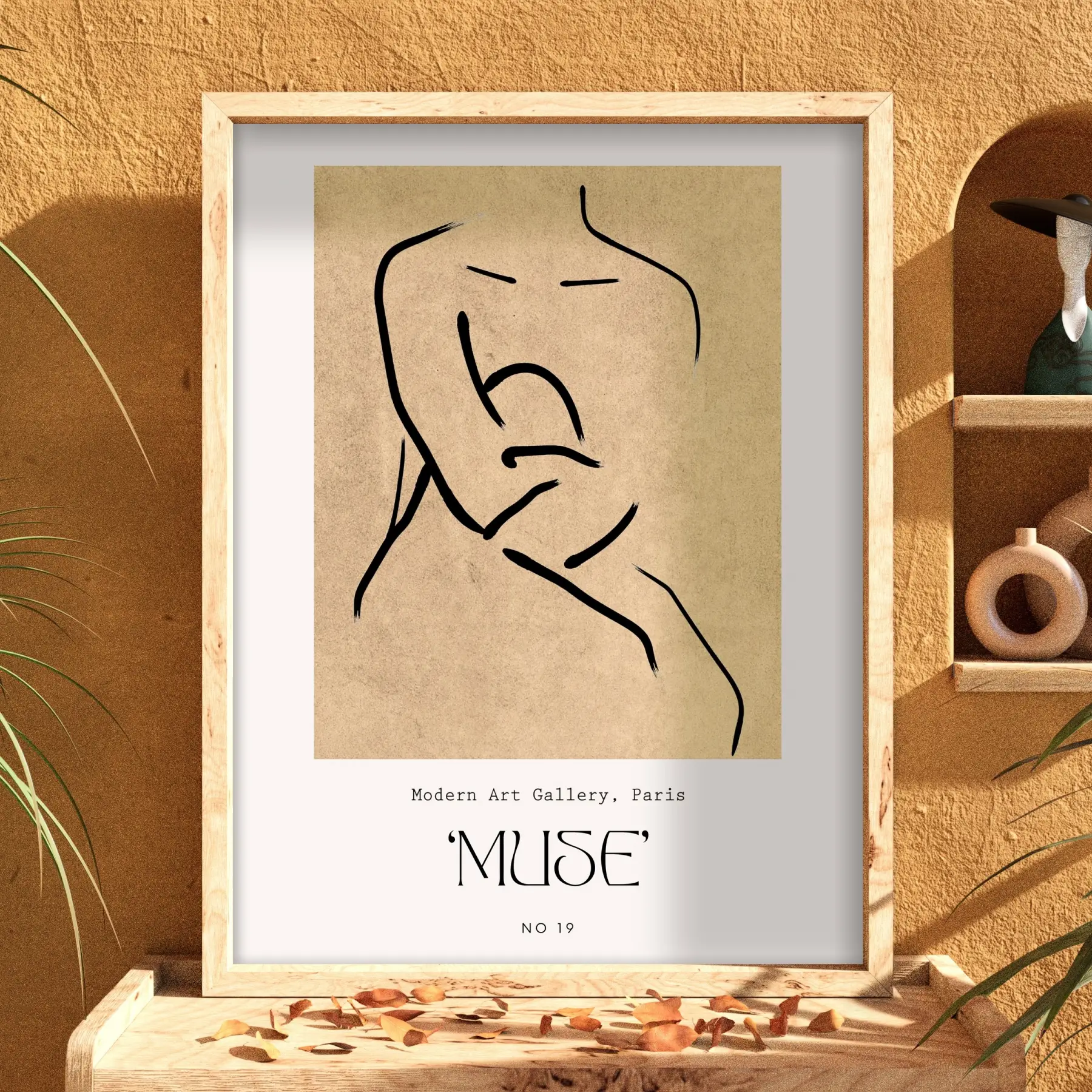 Minimalist Muse Çizimi Doğal Ahşap Çerçeveli Tablo Mekan Yatak Koridor Ofis Kanvas Görünümlü