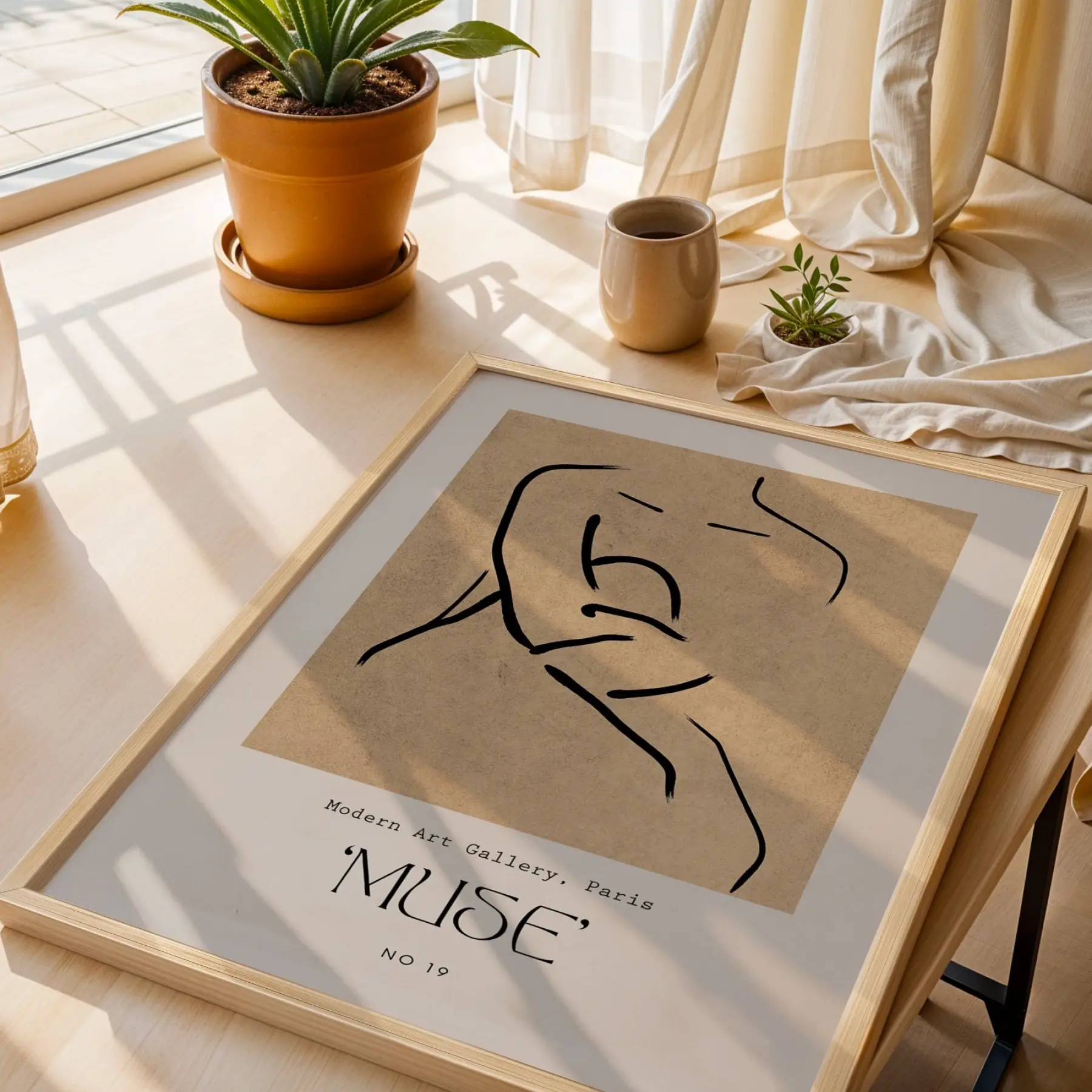 Minimalist Muse Çizimi Doğal Ahşap Çerçeveli Tablo Mekan Yatak Koridor Ofis Kanvas Görünümlü