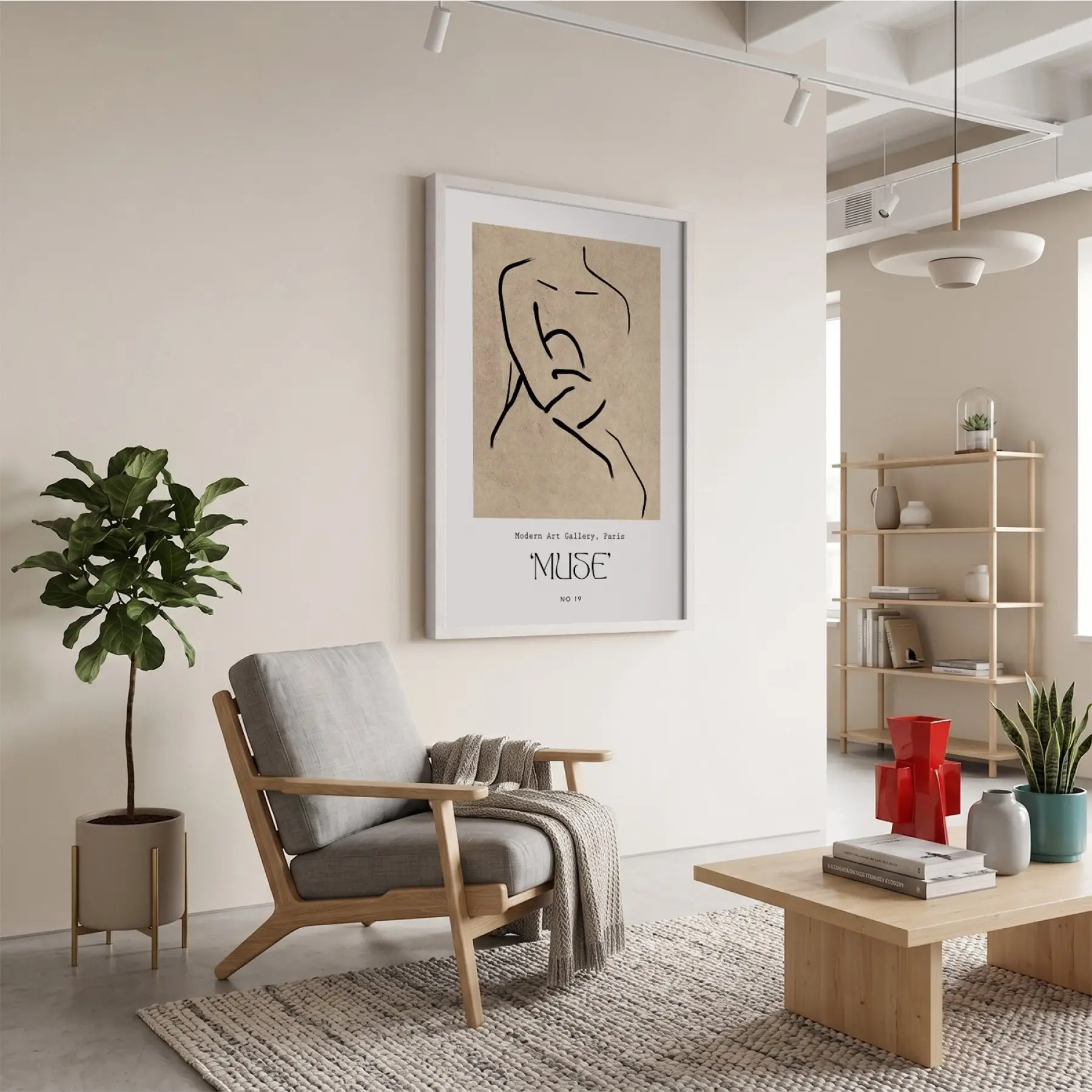 Minimalist Muse Çizimi Beyaz Ahşap Çerçeveli Tablo Koridor Ofis Kanvas Görünümlü Salon Oturma