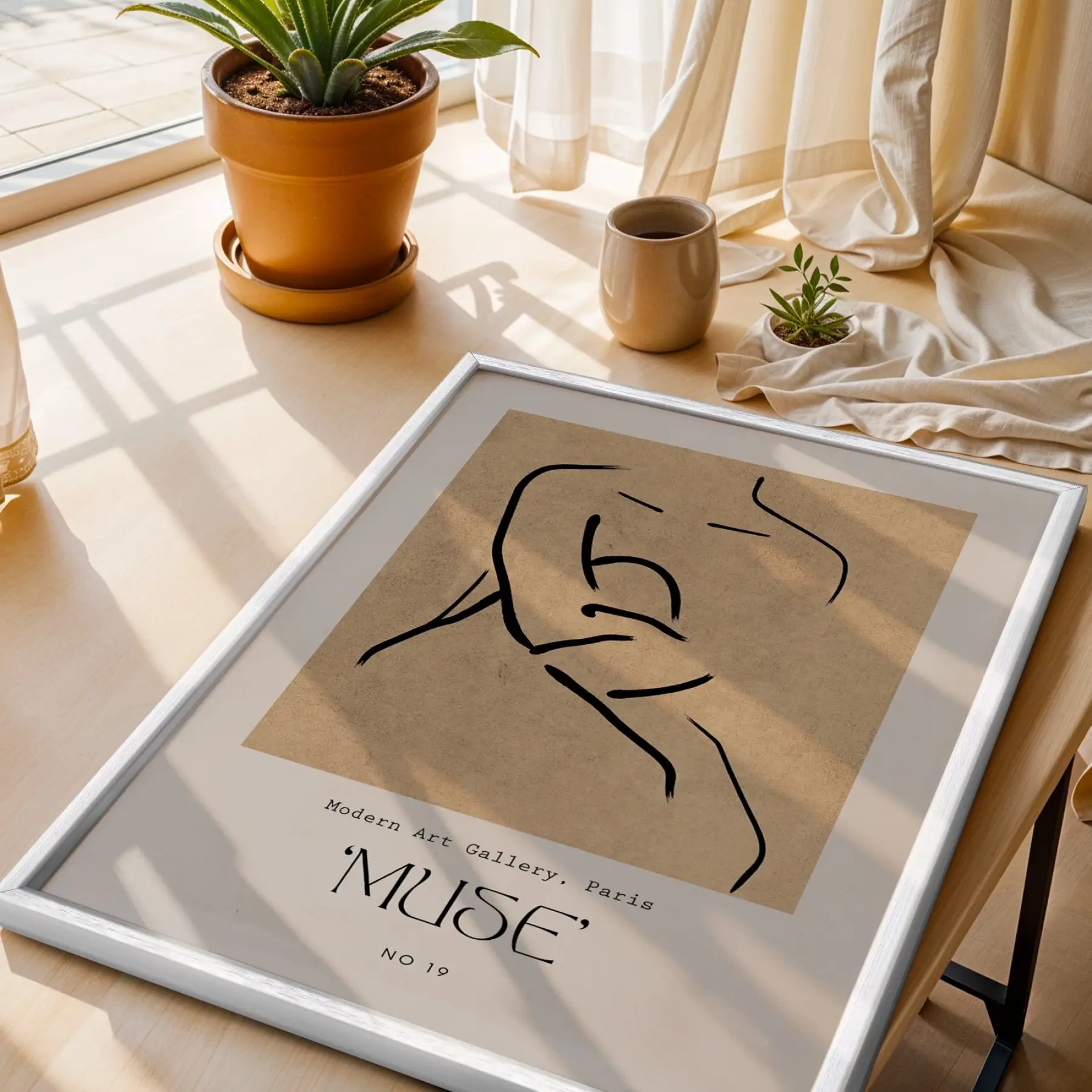 Minimalist Muse Çizimi Beyaz Ahşap Çerçeveli Tablo Koridor Ofis Kanvas Görünümlü Salon Oturma