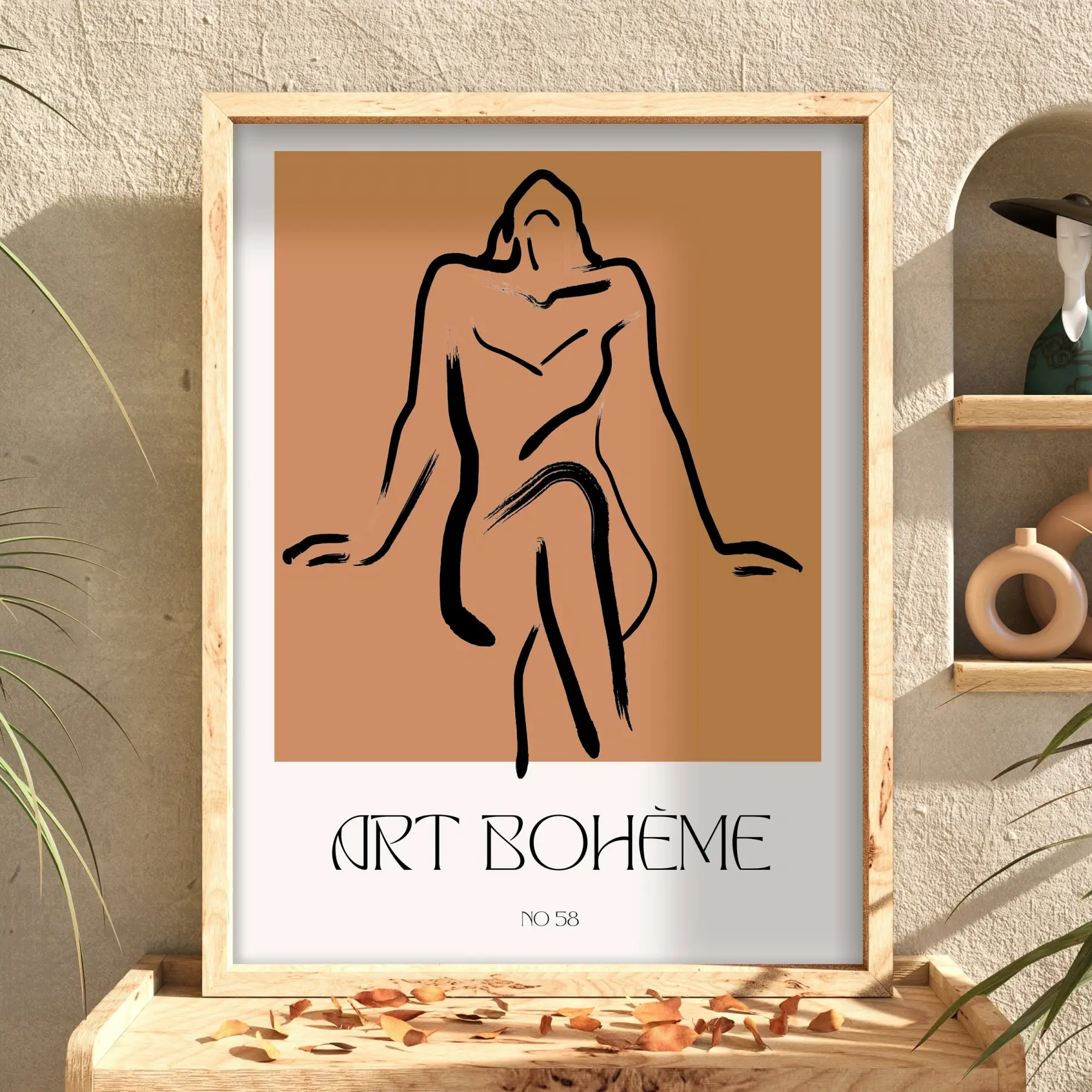 Bohème Soyut Çizgi Figür Doğal Ahşap Çerçeveli Tablo Koridor Ofis Kanvas Görünümlü Salon