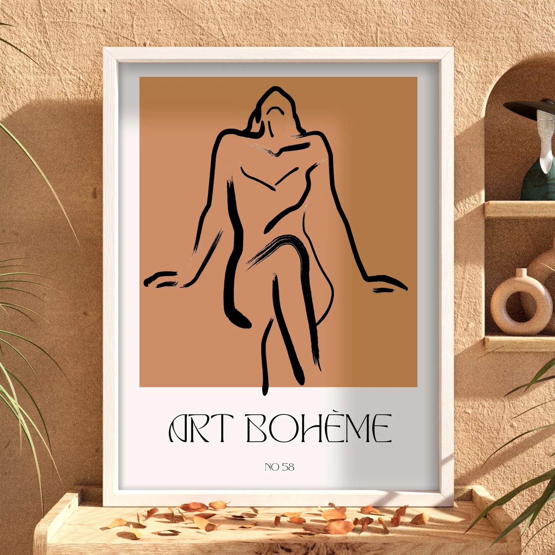 Bohème Soyut Çizgi Figür Beyaz Ahşap Çerçeveli Tablo Sanat İç Mekan Yatak Koridor