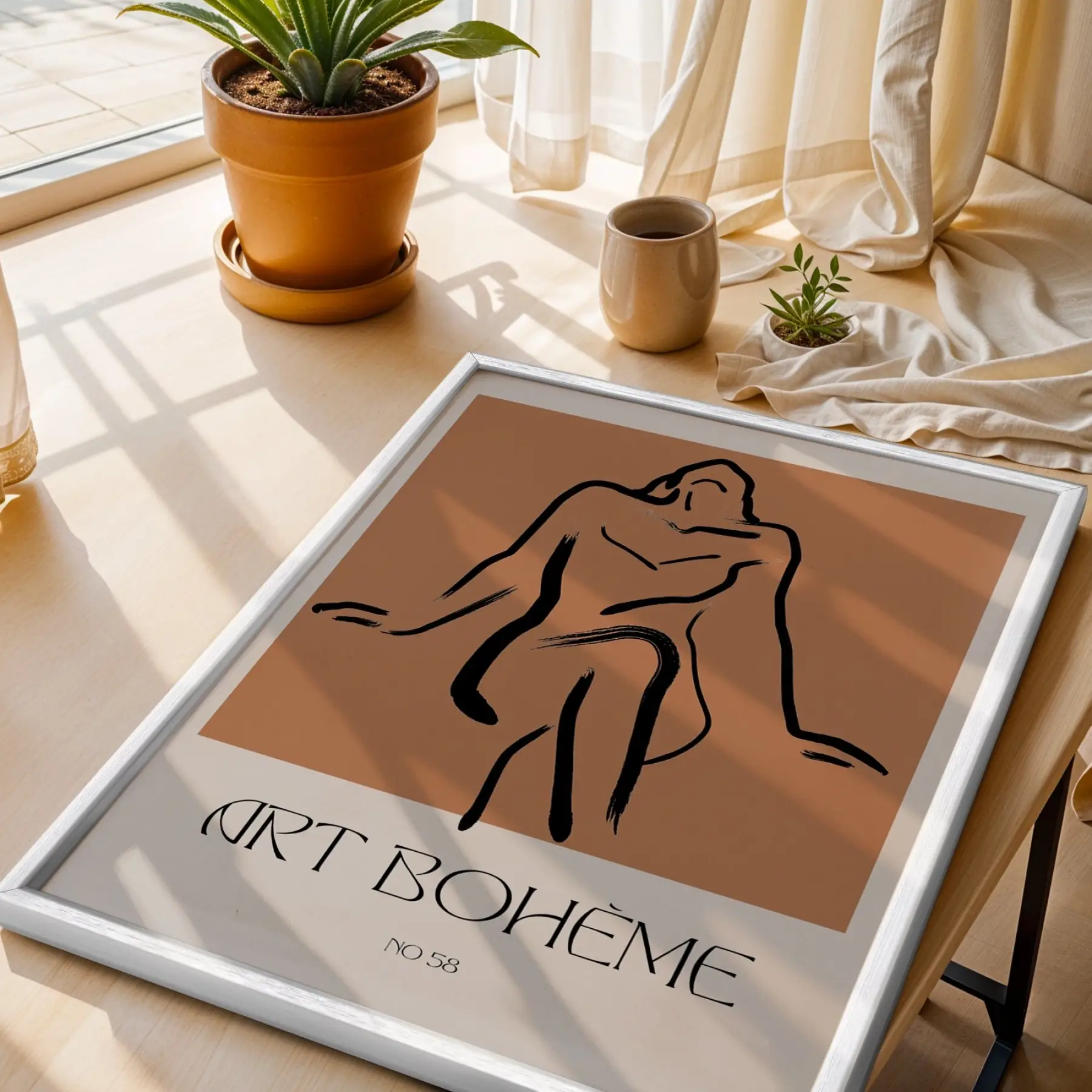 Bohème Soyut Çizgi Figür Beyaz Ahşap Çerçeveli Tablo Sanat İç Mekan Yatak Koridor