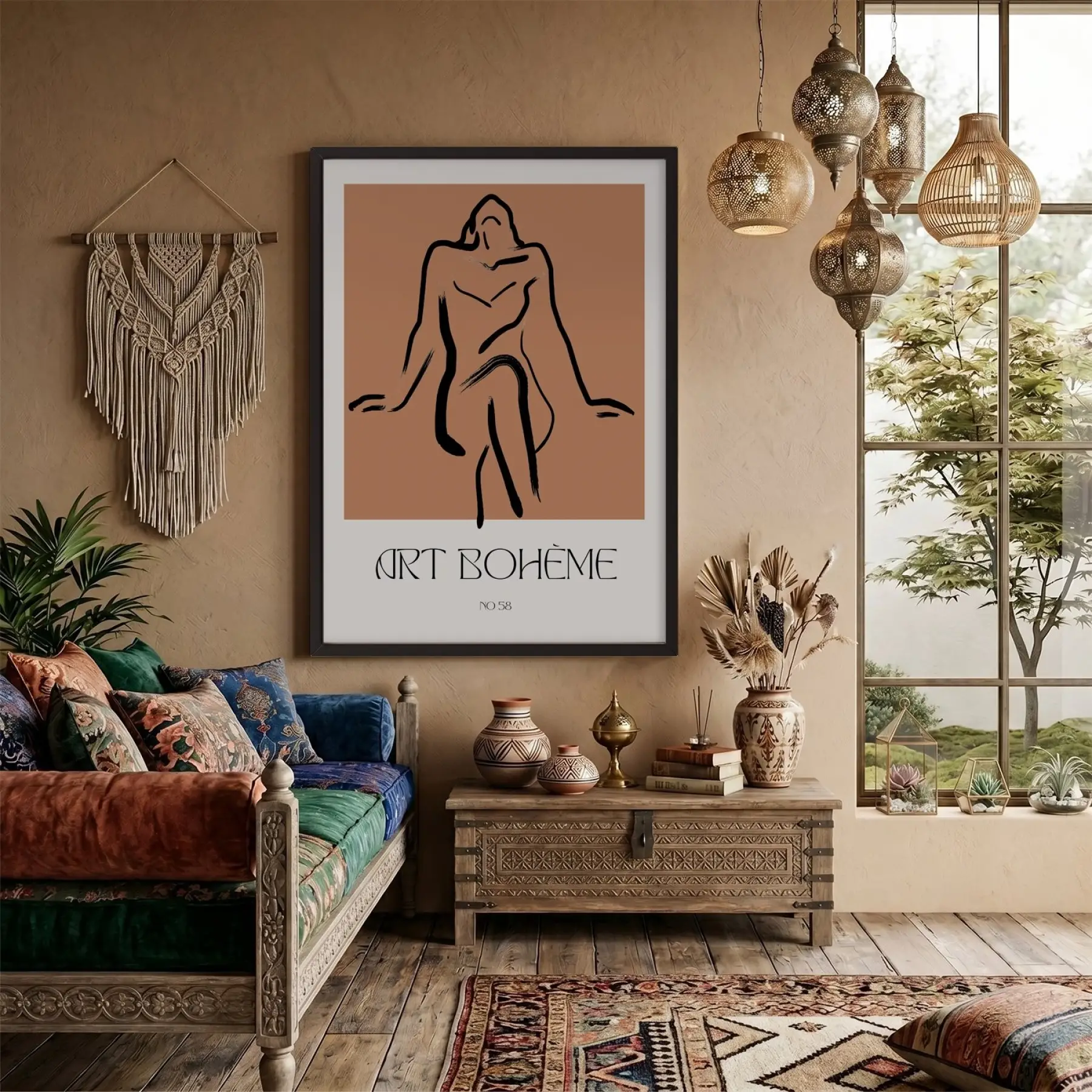 Bohème Soyut Çizgi Figür Siyah Ahşap Çerçeveli Tablo Modern Sanat İç Mekan Yatak