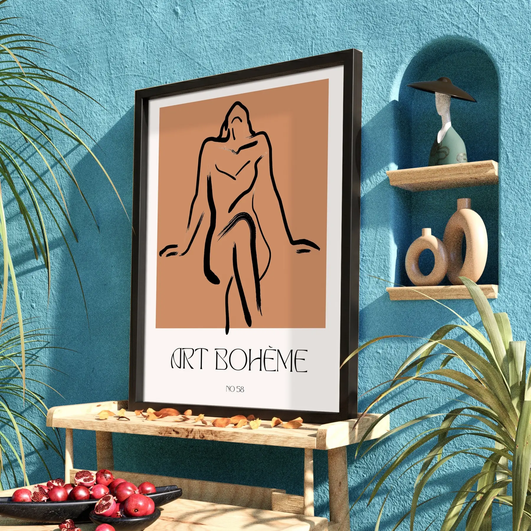 Bohème Soyut Çizgi Figür Siyah Ahşap Çerçeveli Tablo Modern Sanat İç Mekan Yatak