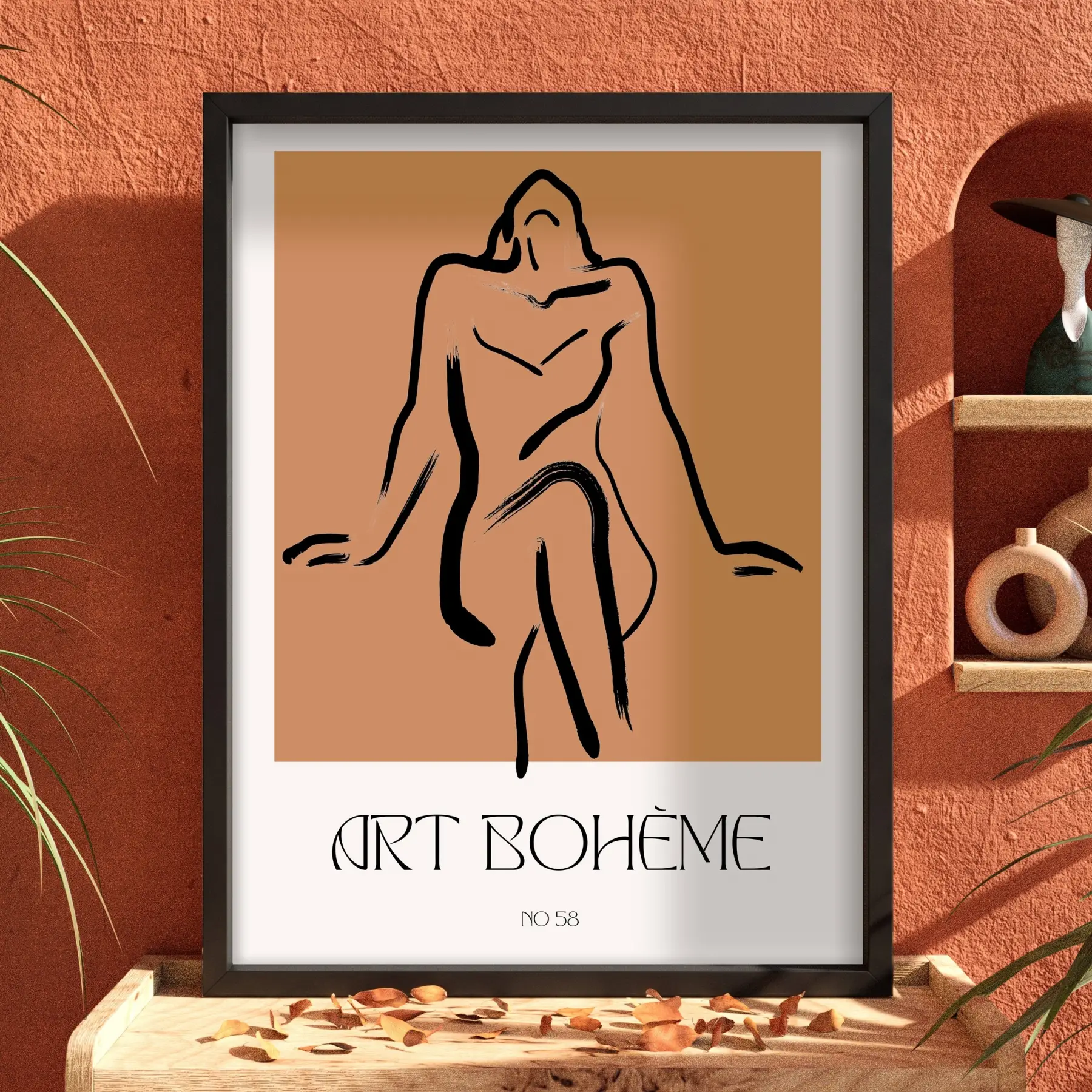 Bohème Soyut Çizgi Figür Siyah Ahşap Çerçeveli Tablo Modern Sanat İç Mekan Yatak