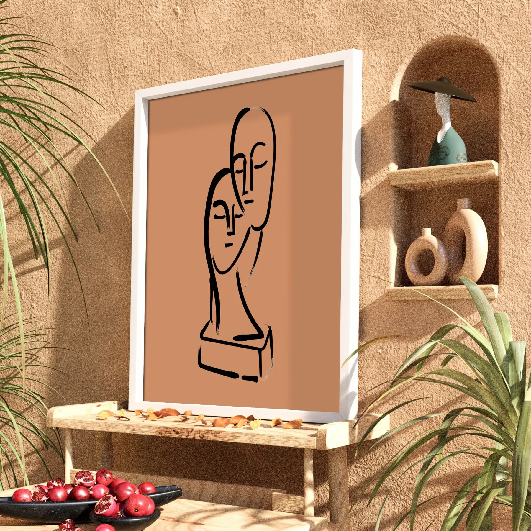 Terakota İkili Yüz Sanatı Beyaz Ahşap Çerçeveli Tablo Obje Ev Aksesuarları Modern Sanat