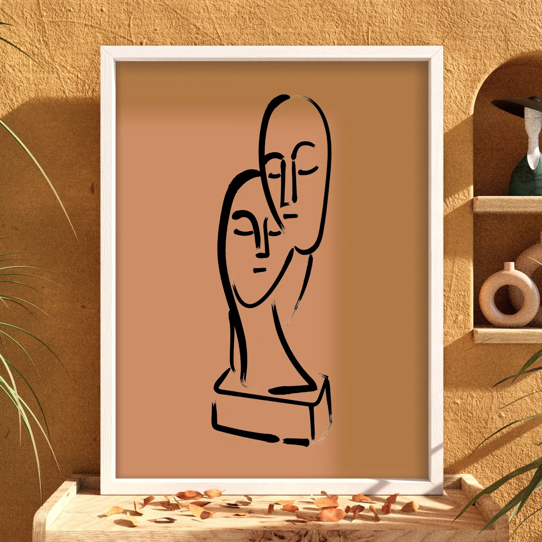 Terakota İkili Yüz Sanatı Beyaz Ahşap Çerçeveli Tablo Obje Ev Aksesuarları Modern Sanat