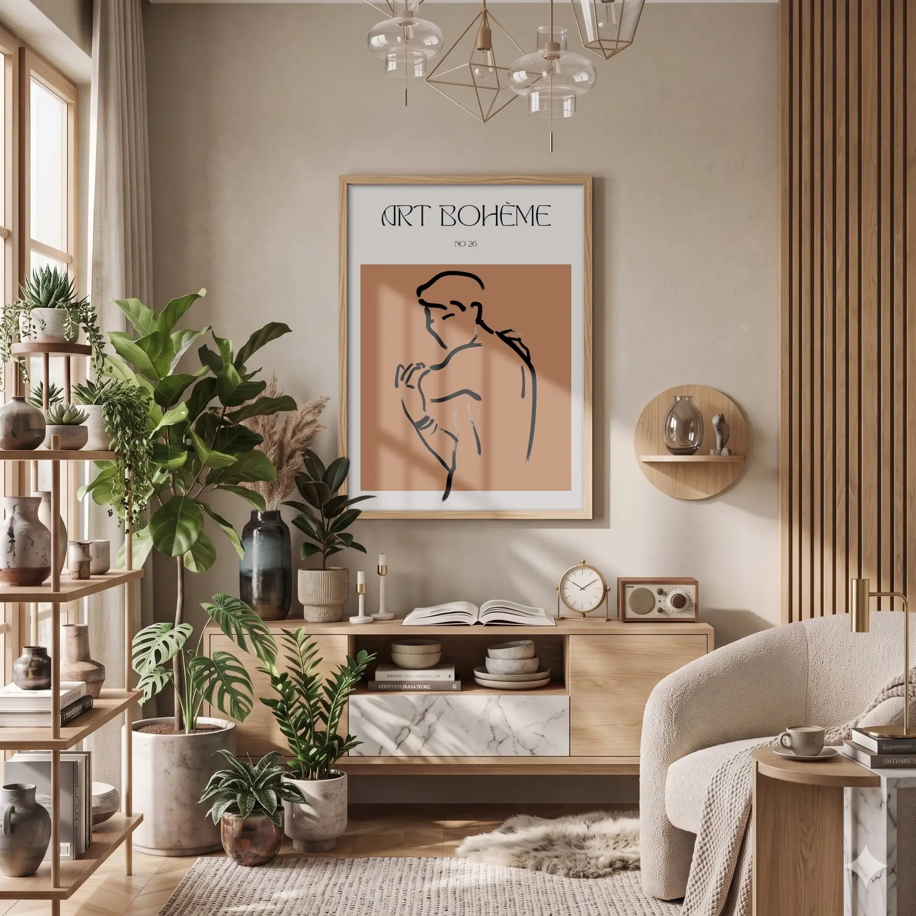 Terracotta Bohem Figür Doğal Ahşap Çerçeveli Tablo Dekoratif Obje Ev Aksesuarları Modern Sanat