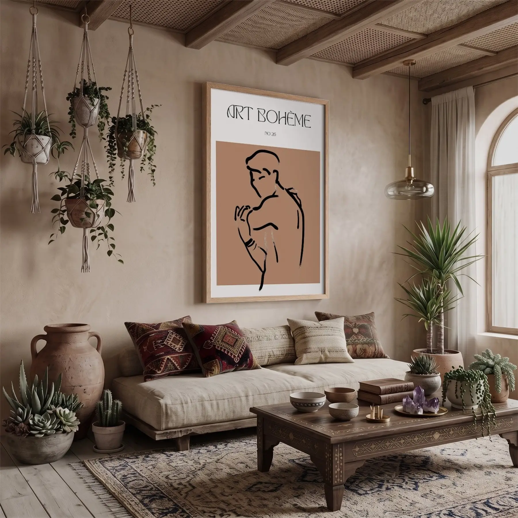 Terracotta Bohem Figür Doğal Ahşap Çerçeveli Tablo Dekoratif Obje Ev Aksesuarları Modern Sanat