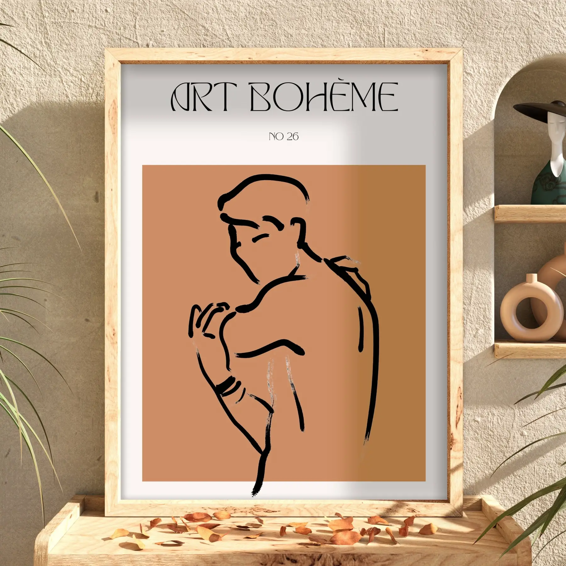 Terracotta Bohem Figür Doğal Ahşap Çerçeveli Tablo Dekoratif Obje Ev Aksesuarları Modern Sanat