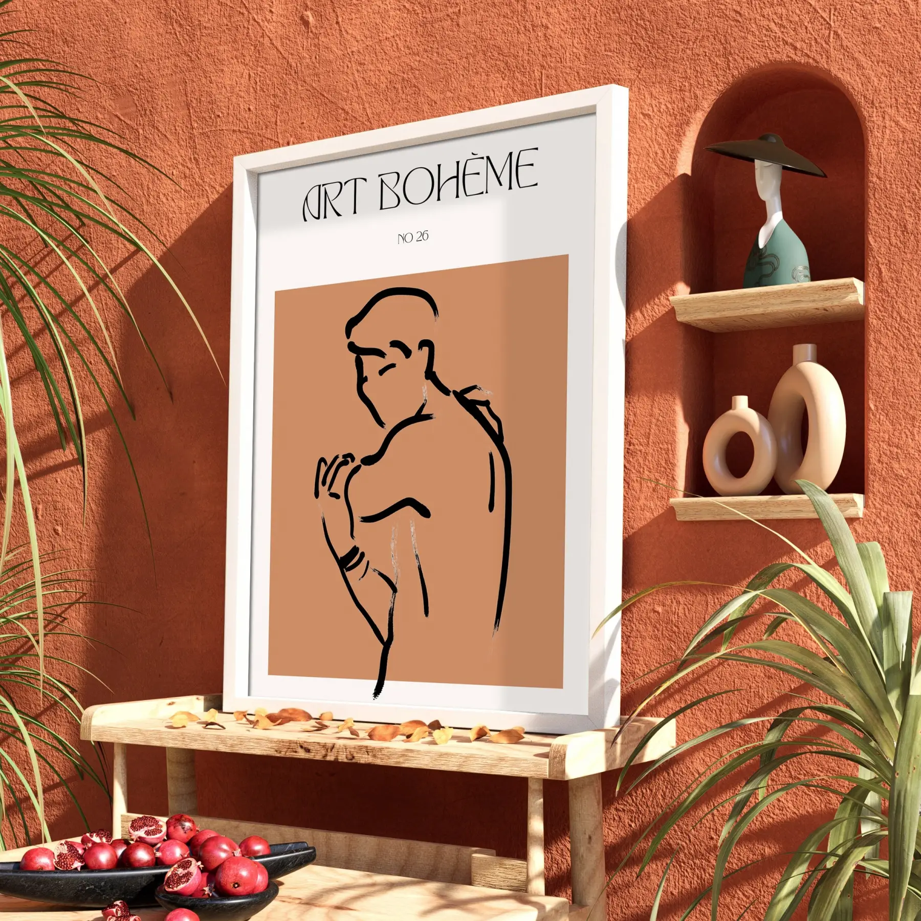 Terracotta Bohem Figür Beyaz Ahşap Çerçeveli Tablo İç Mekan Yatak Koridor Ofis Kanvas