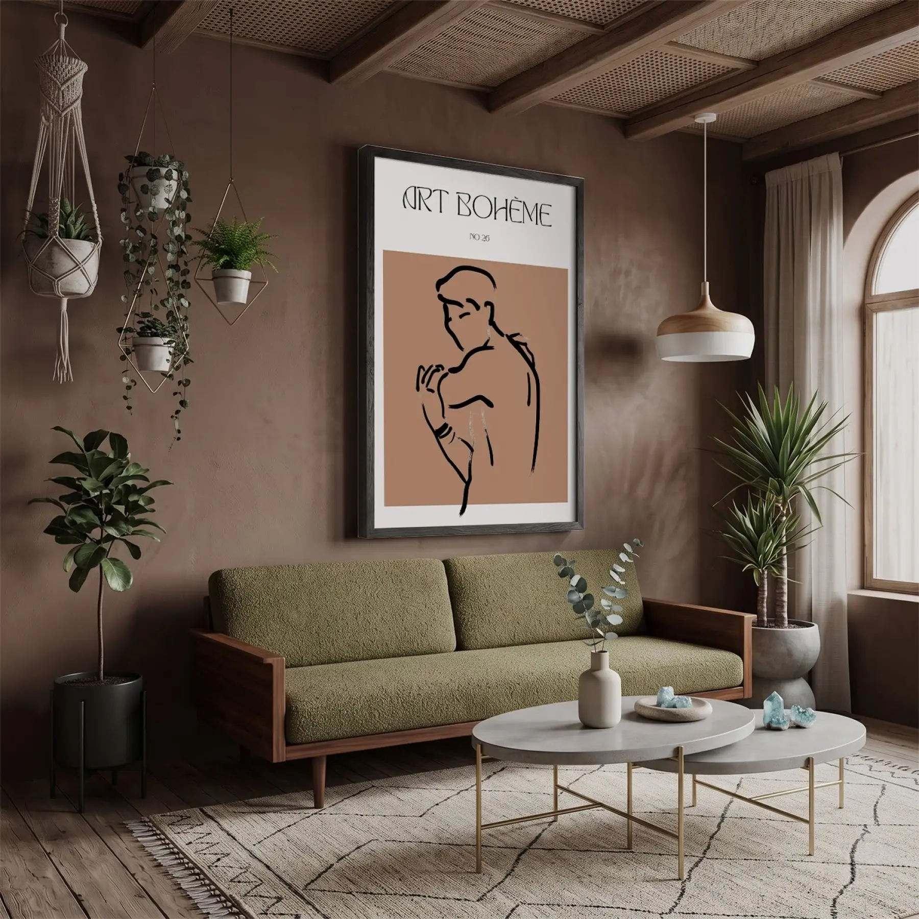 Terracotta Bohem Figür Siyah Ahşap Çerçeveli Tablo Salon Oturma Odası Duvar Dekoru Poster