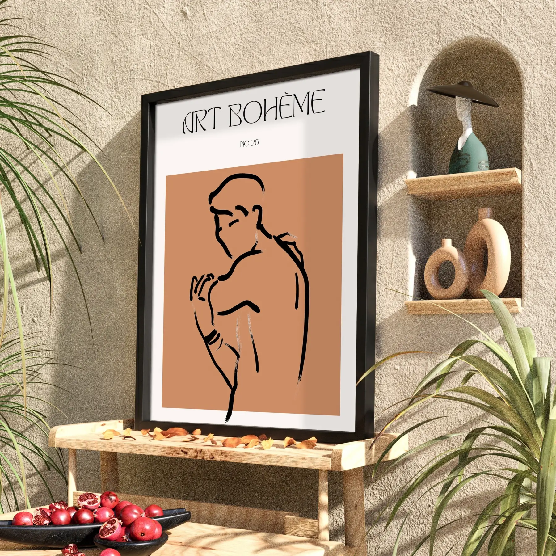 Terracotta Bohem Figür Siyah Ahşap Çerçeveli Tablo Salon Oturma Odası Duvar Dekoru Poster