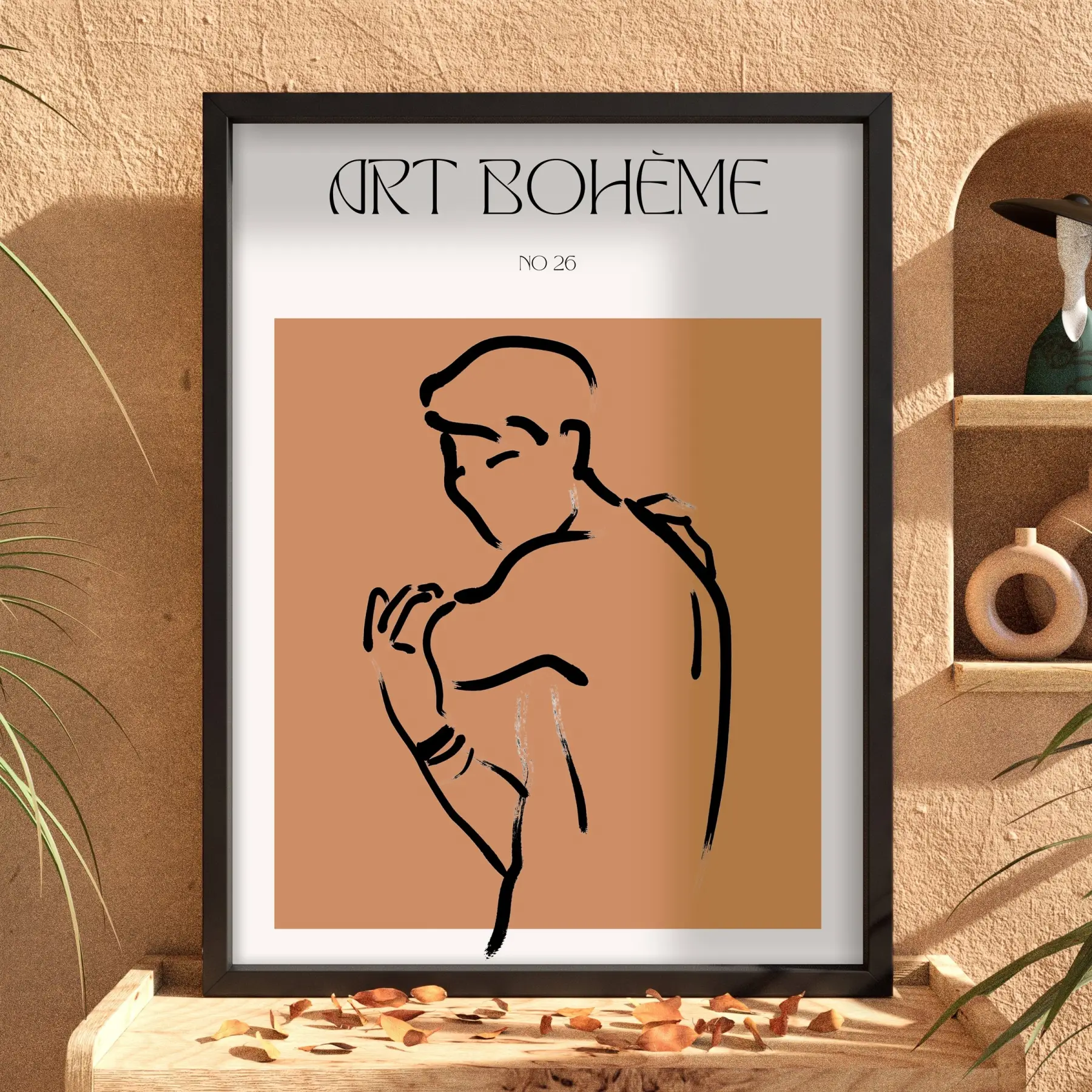 Terracotta Bohem Figür Siyah Ahşap Çerçeveli Tablo Salon Oturma Odası Duvar Dekoru Poster