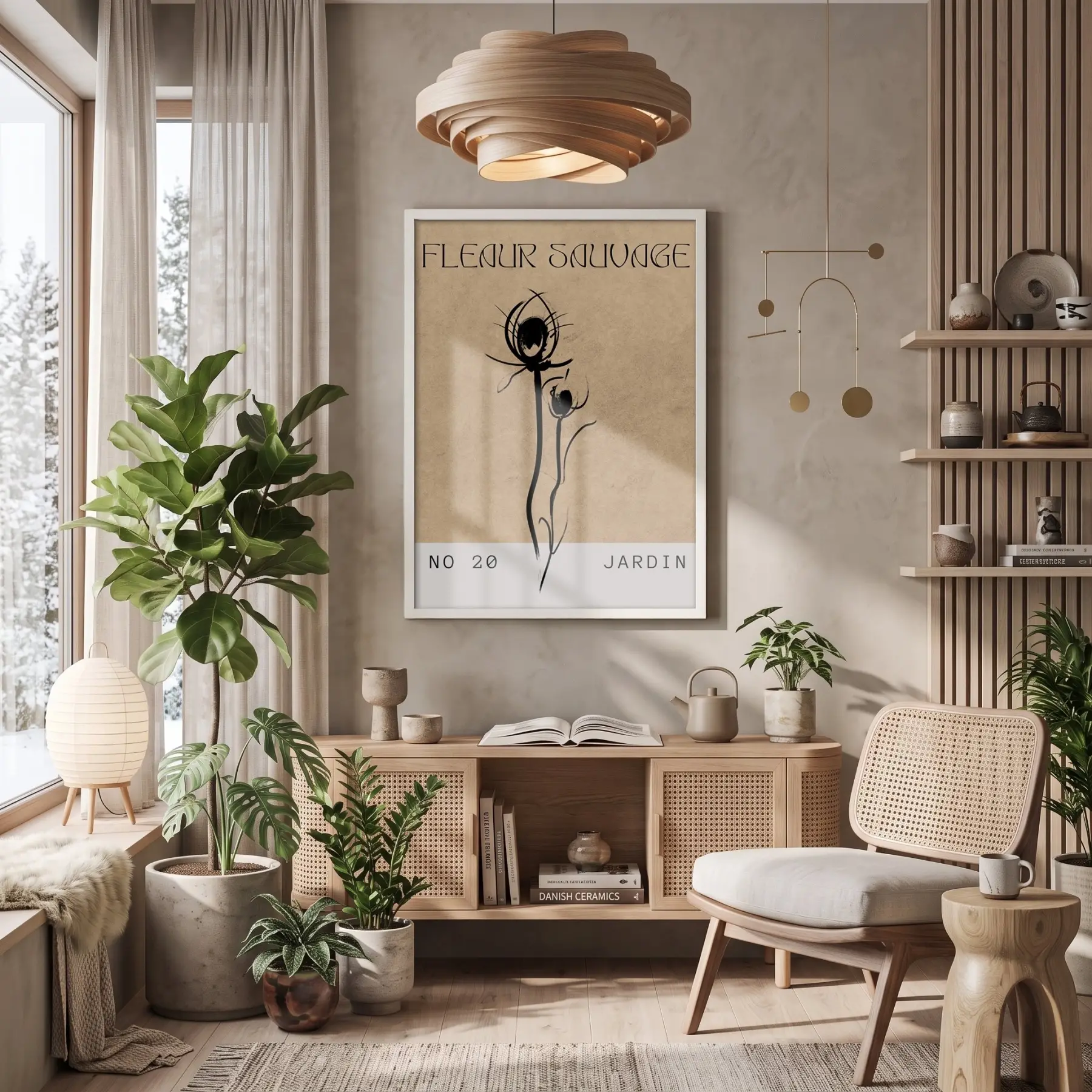 Kraft Yabani Çiçek Beyaz Ahşap Çerçeveli Tablo Bohem Poster Dekoratif Obje Ev Aksesuarları