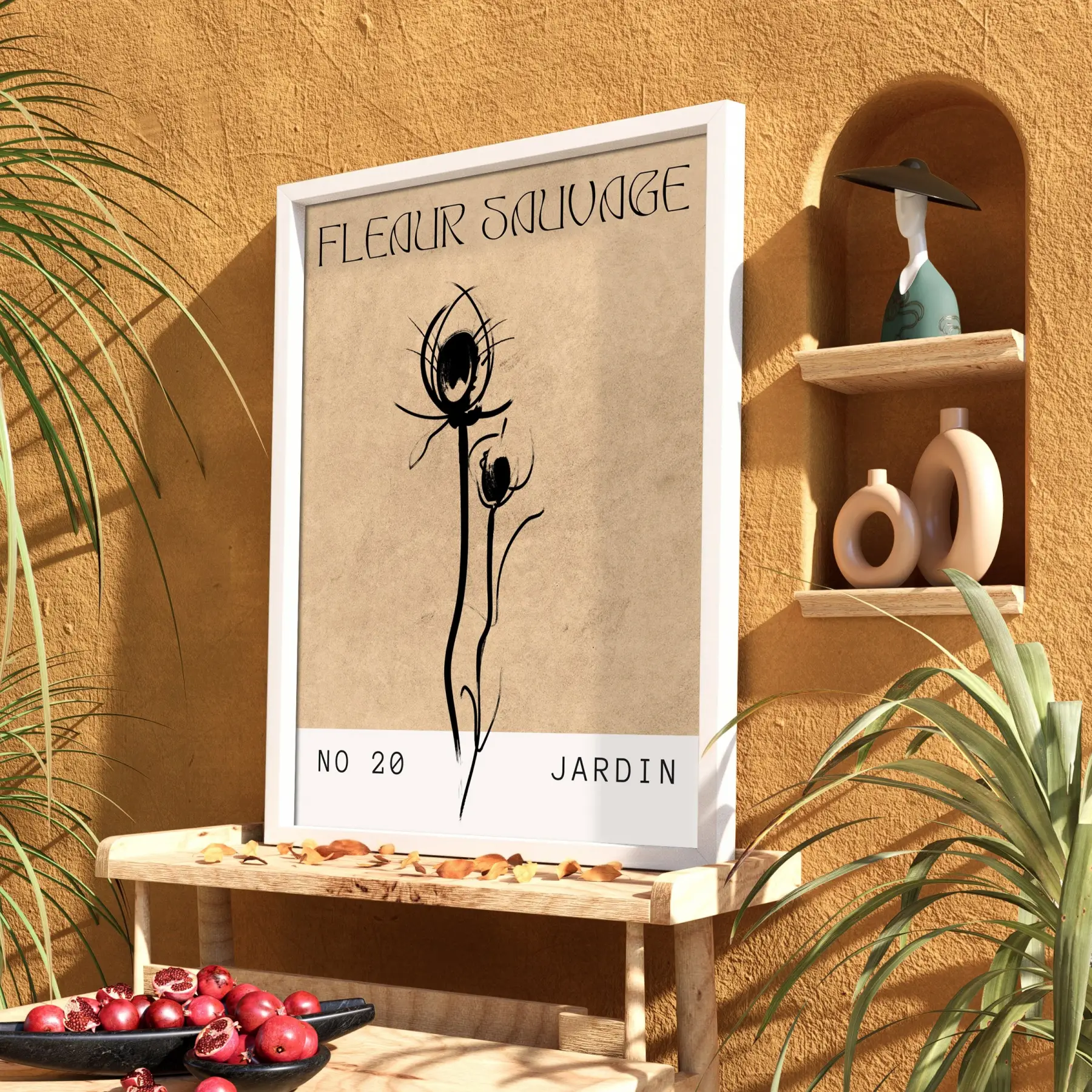 Kraft Yabani Çiçek Beyaz Ahşap Çerçeveli Tablo Bohem Poster Dekoratif Obje Ev Aksesuarları