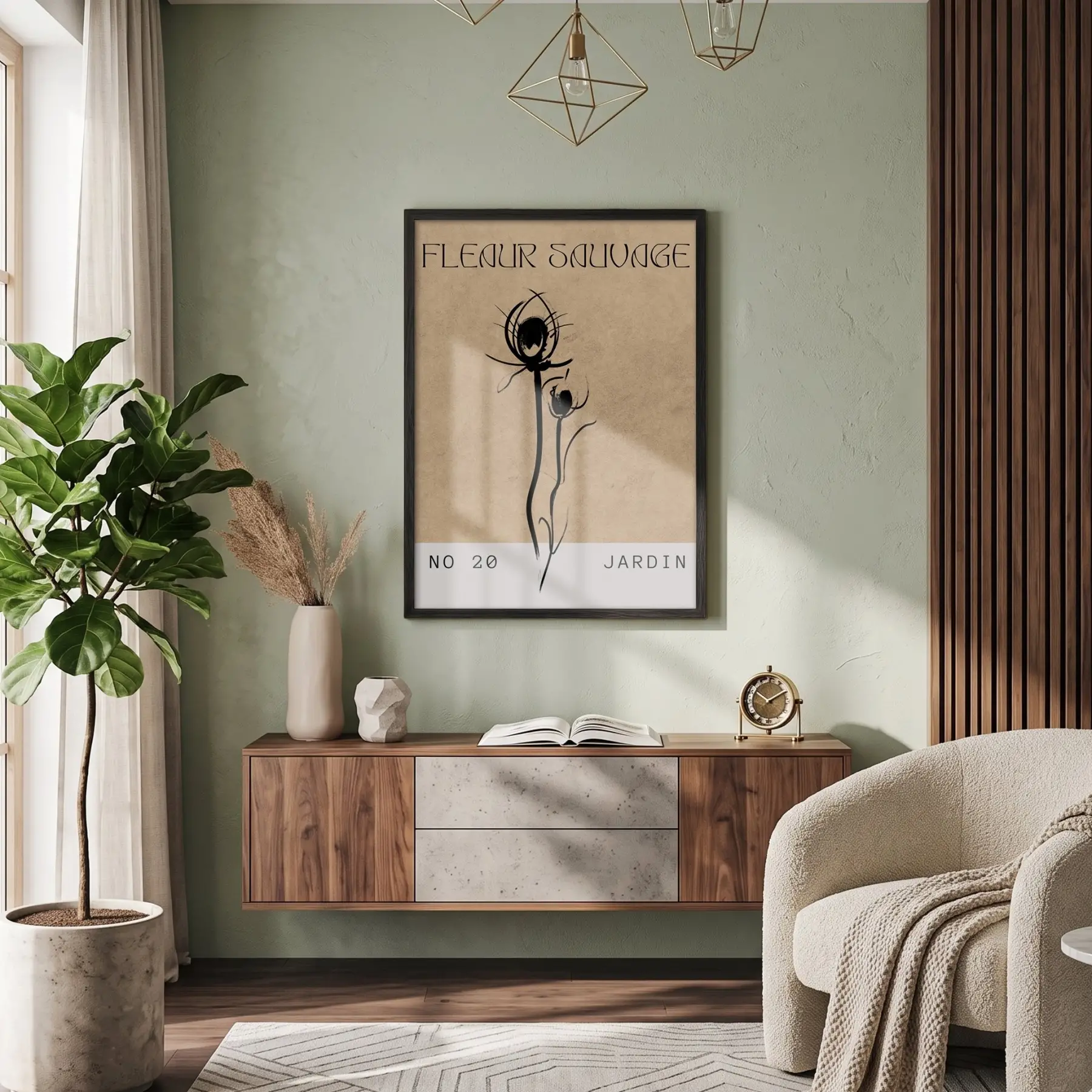 Kraft Yabani Çiçek Siyah Ahşap Çerçeveli Tablo Bohem Odası Duvar Dekoru Poster Obje