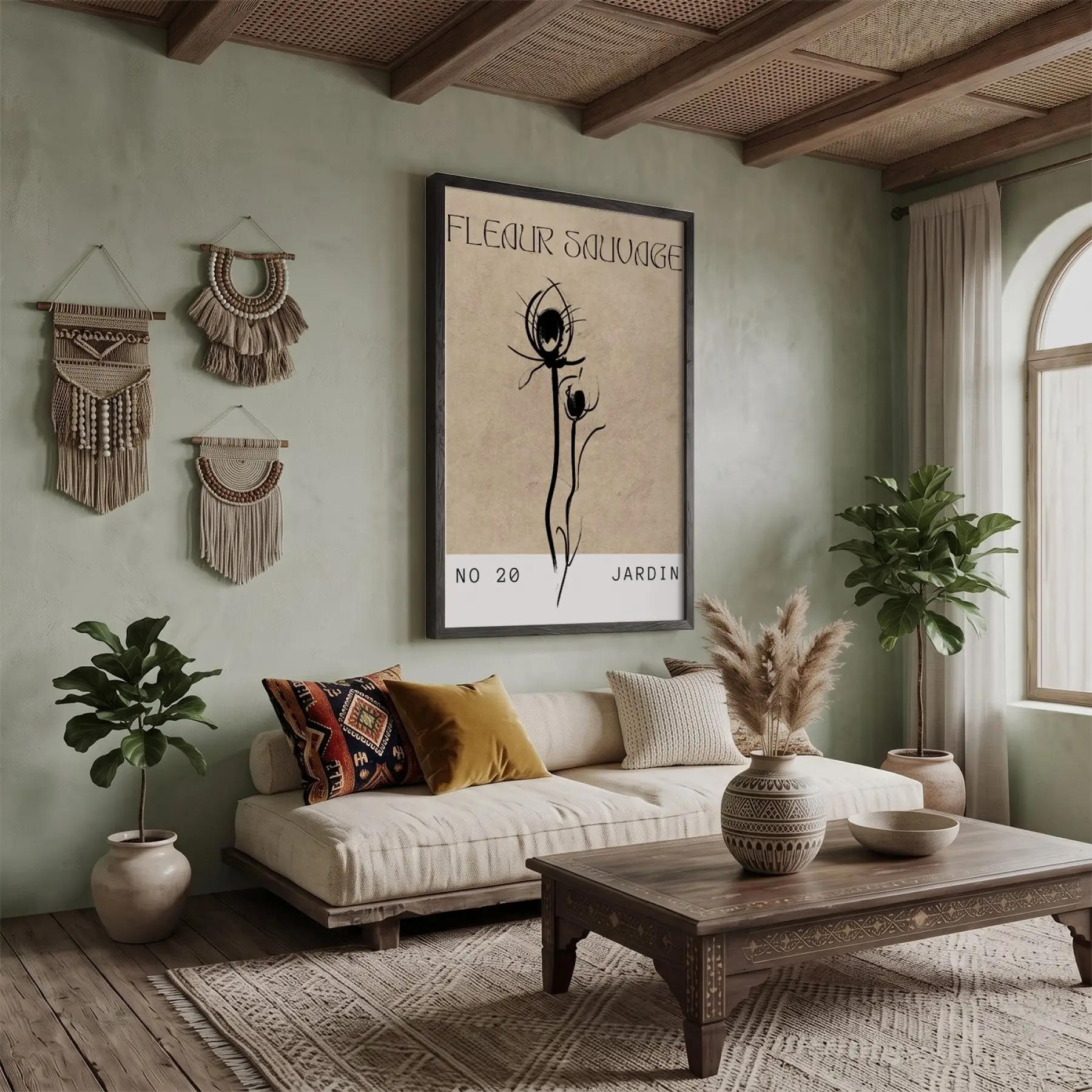 Kraft Yabani Çiçek Siyah Ahşap Çerçeveli Tablo Bohem Odası Duvar Dekoru Poster Obje