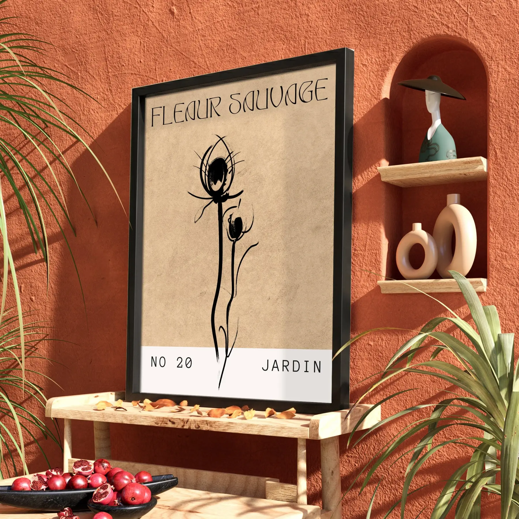 Kraft Yabani Çiçek Siyah Ahşap Çerçeveli Tablo Bohem Odası Duvar Dekoru Poster Obje