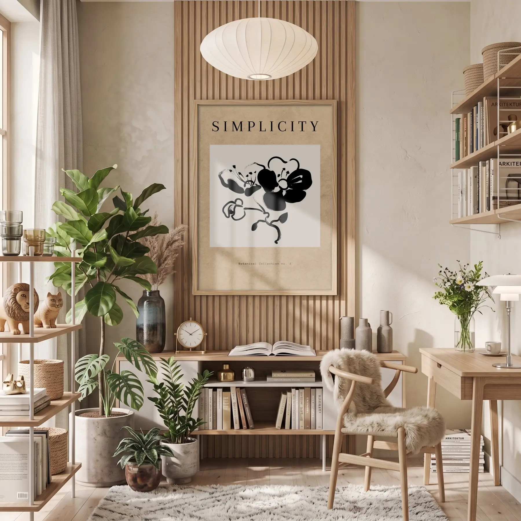Soyut Siyah Botanik Doğal Ahşap Çerçeveli Tablo Bohem Ev Aksesuarları Modern Sanat İç