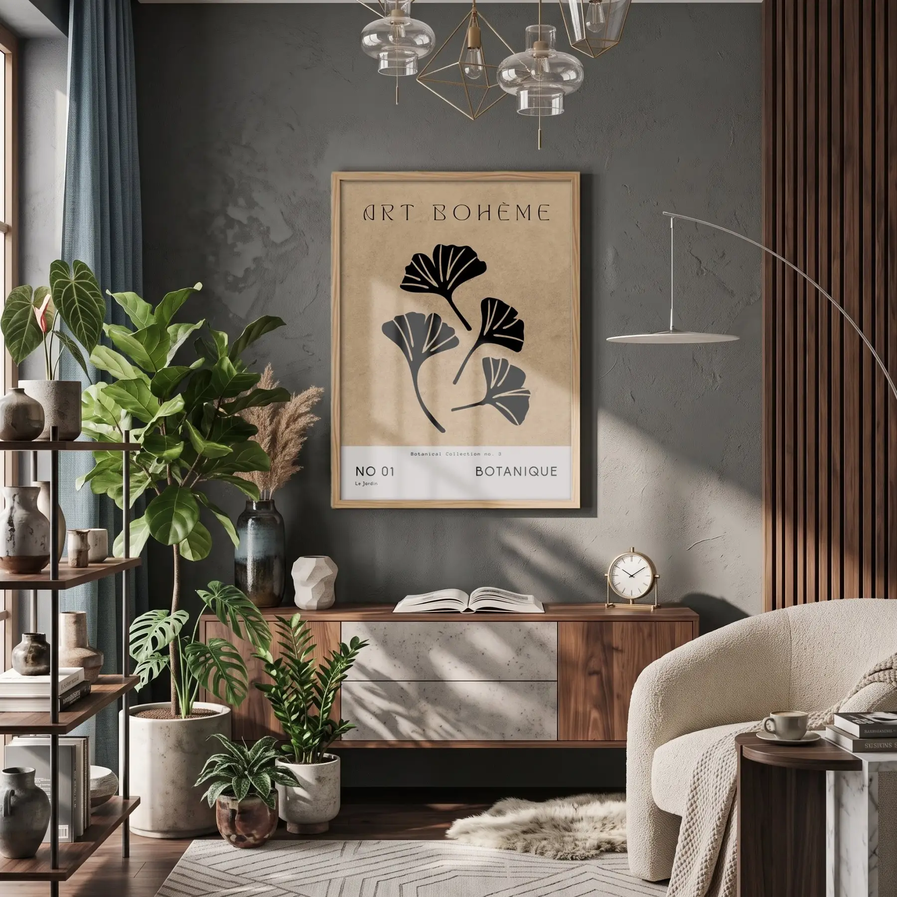 Bej Ginkgo Minimalist Doğal Ahşap Çerçeveli Tablo Koridor Ofis Kanvas Görünümlü Salon Oturma
