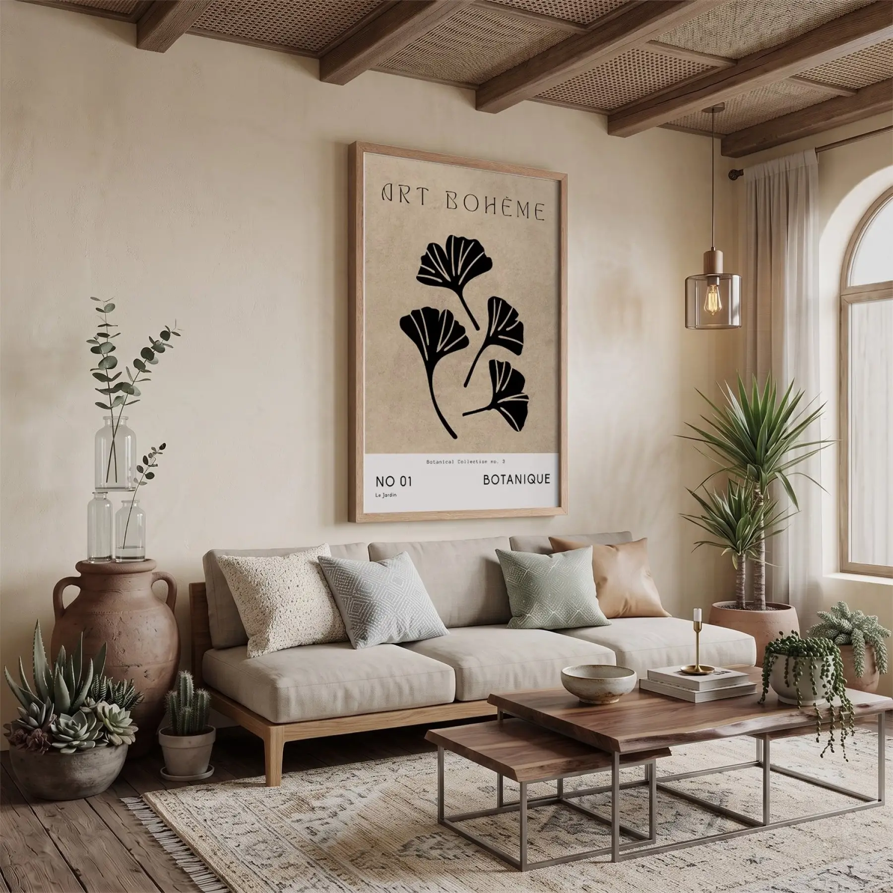 Bej Ginkgo Minimalist Doğal Ahşap Çerçeveli Tablo Koridor Ofis Kanvas Görünümlü Salon Oturma