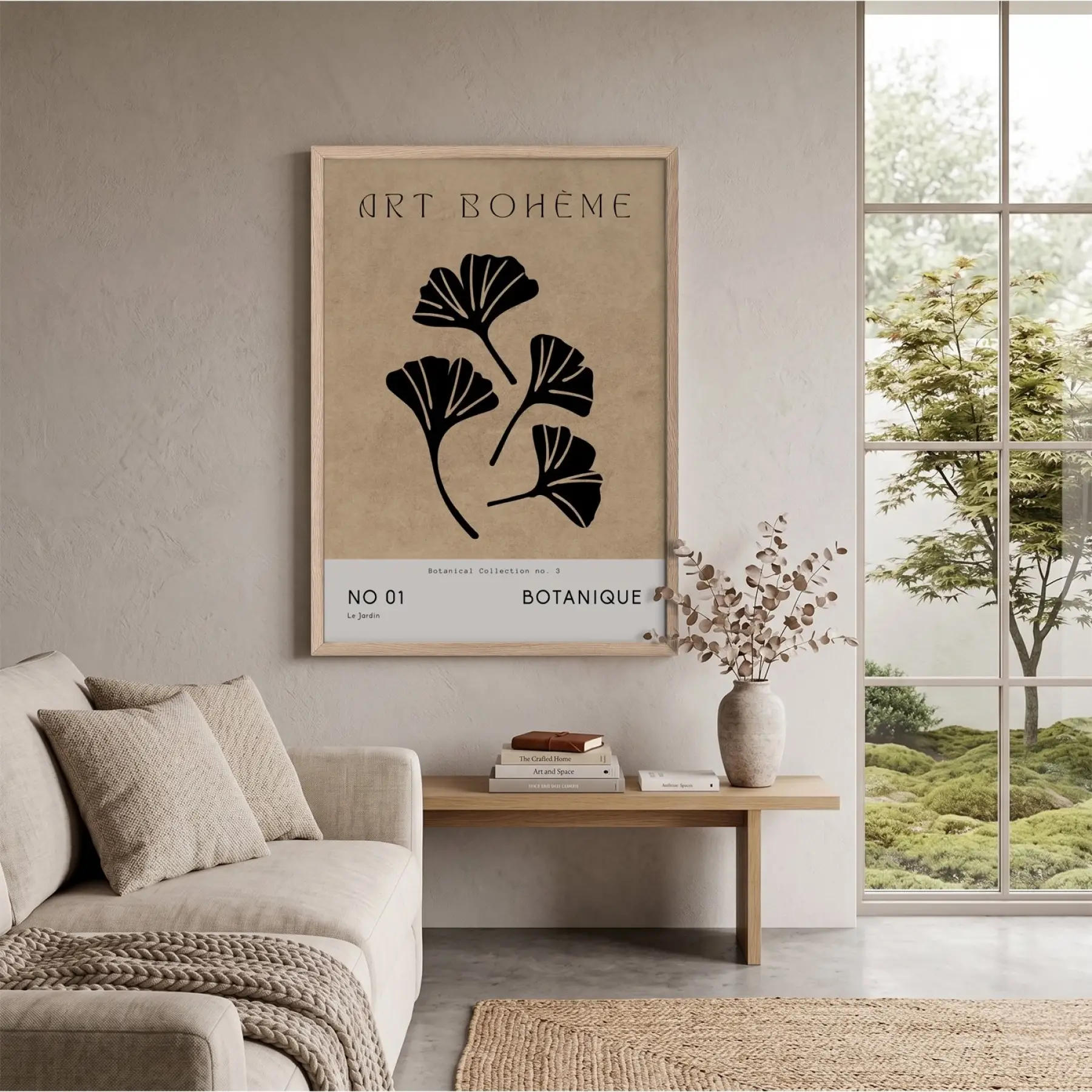 Bej Ginkgo Minimalist Doğal Ahşap Çerçeveli Tablo Koridor Ofis Kanvas Görünümlü Salon Oturma