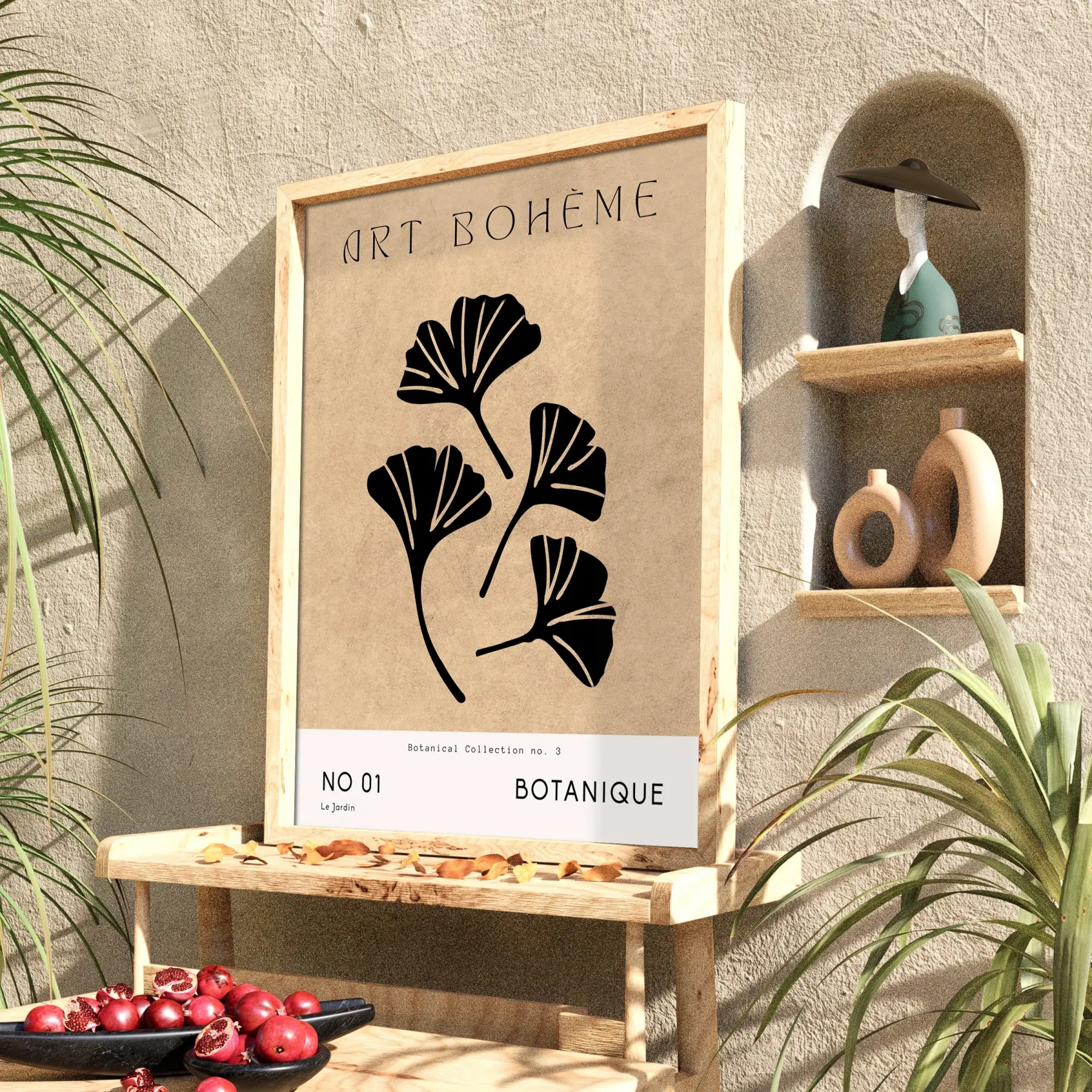 Bej Ginkgo Minimalist Doğal Ahşap Çerçeveli Tablo Koridor Ofis Kanvas Görünümlü Salon Oturma