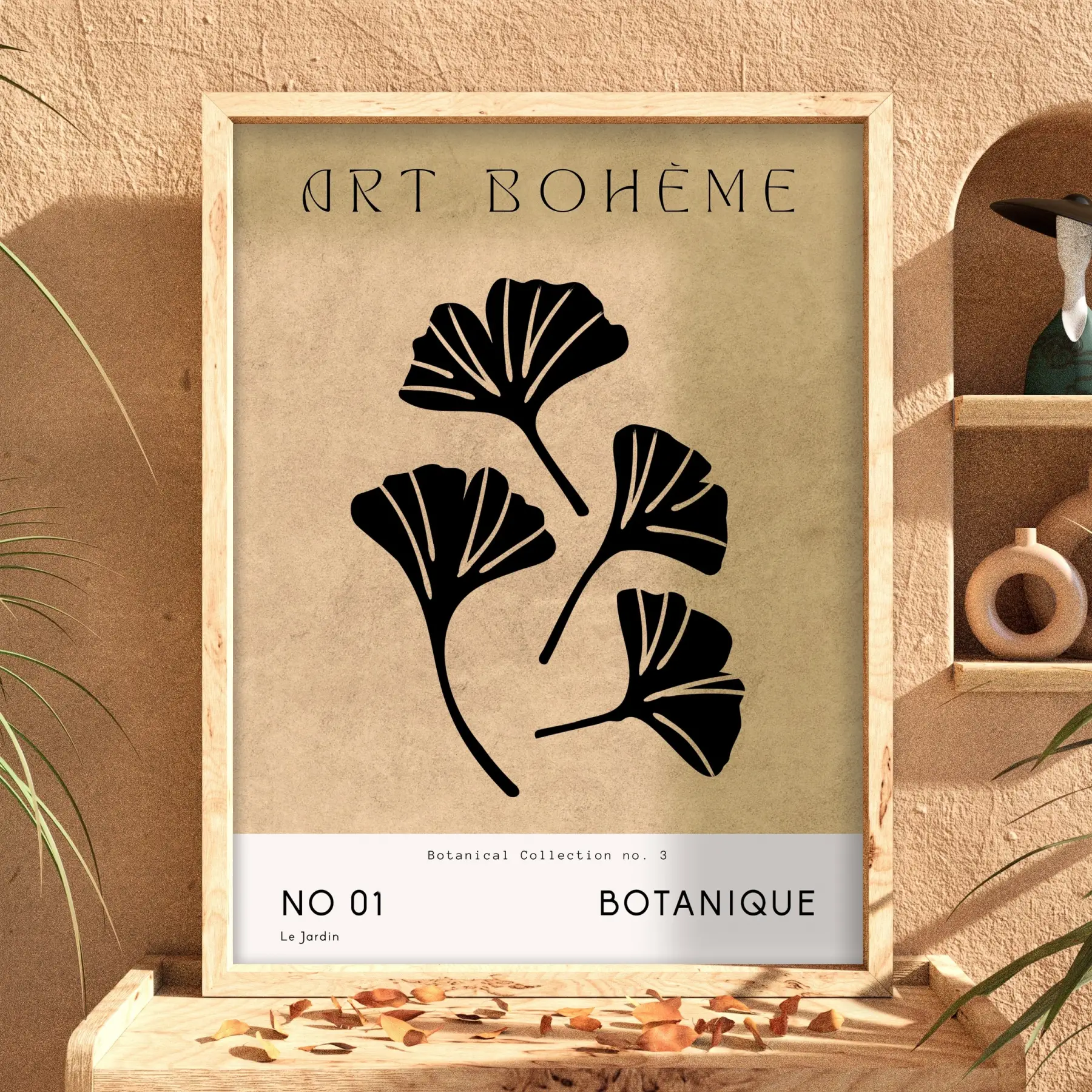 Bej Ginkgo Minimalist Doğal Ahşap Çerçeveli Tablo Koridor Ofis Kanvas Görünümlü Salon Oturma