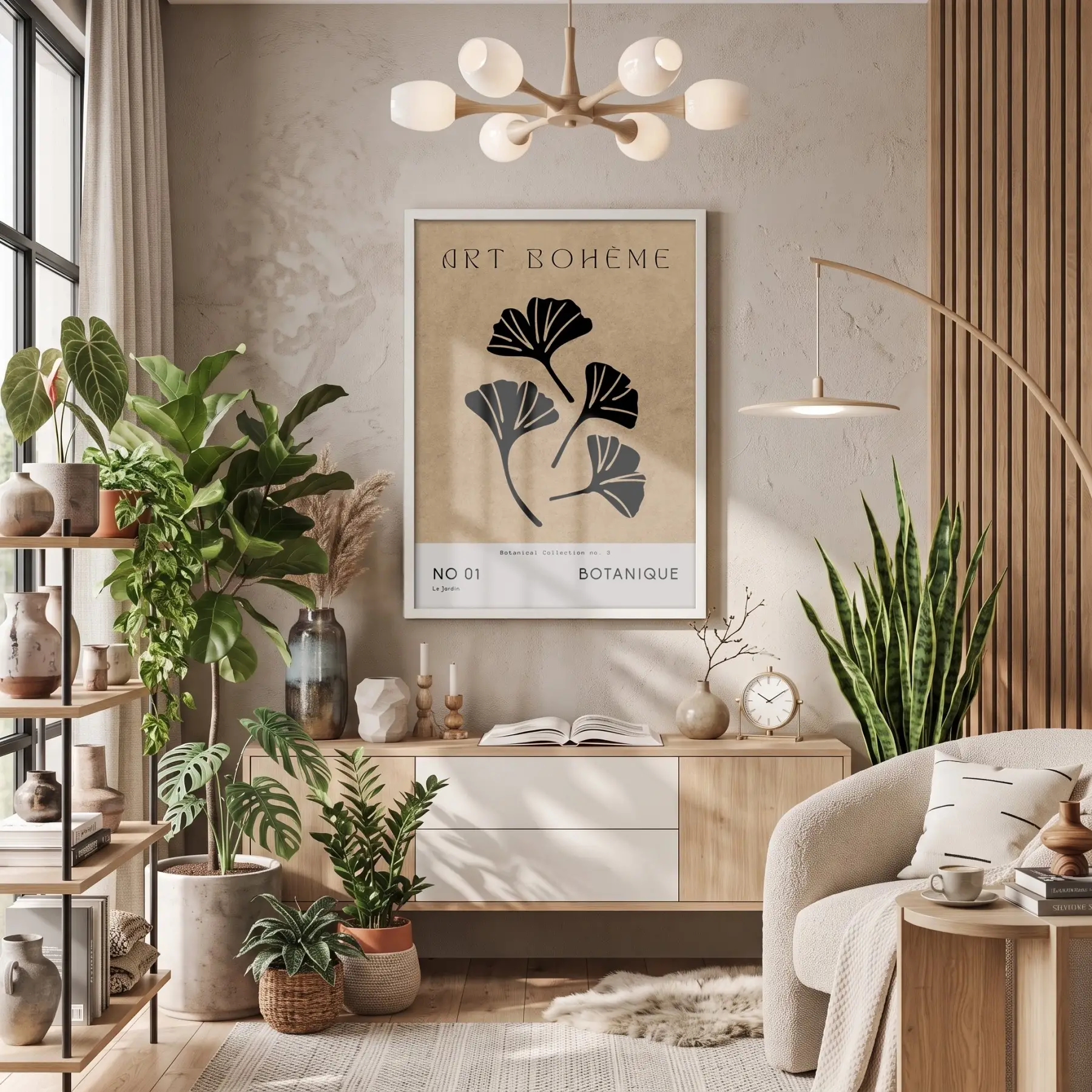 Bej Ginkgo Minimalist Beyaz Ahşap Çerçeveli Tablo Mekan Yatak Koridor Ofis Kanvas Görünümlü
