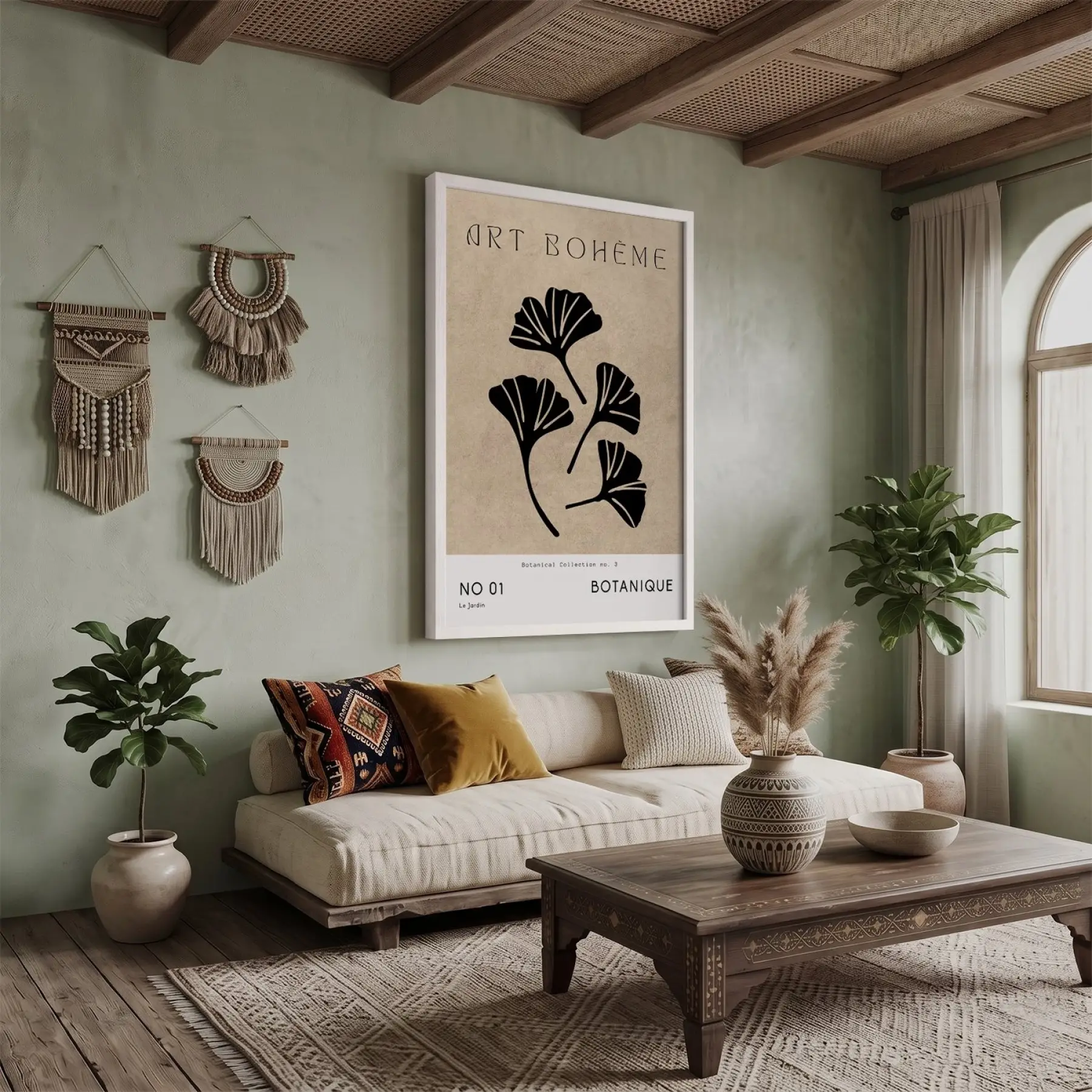 Bej Ginkgo Minimalist Beyaz Ahşap Çerçeveli Tablo Mekan Yatak Koridor Ofis Kanvas Görünümlü