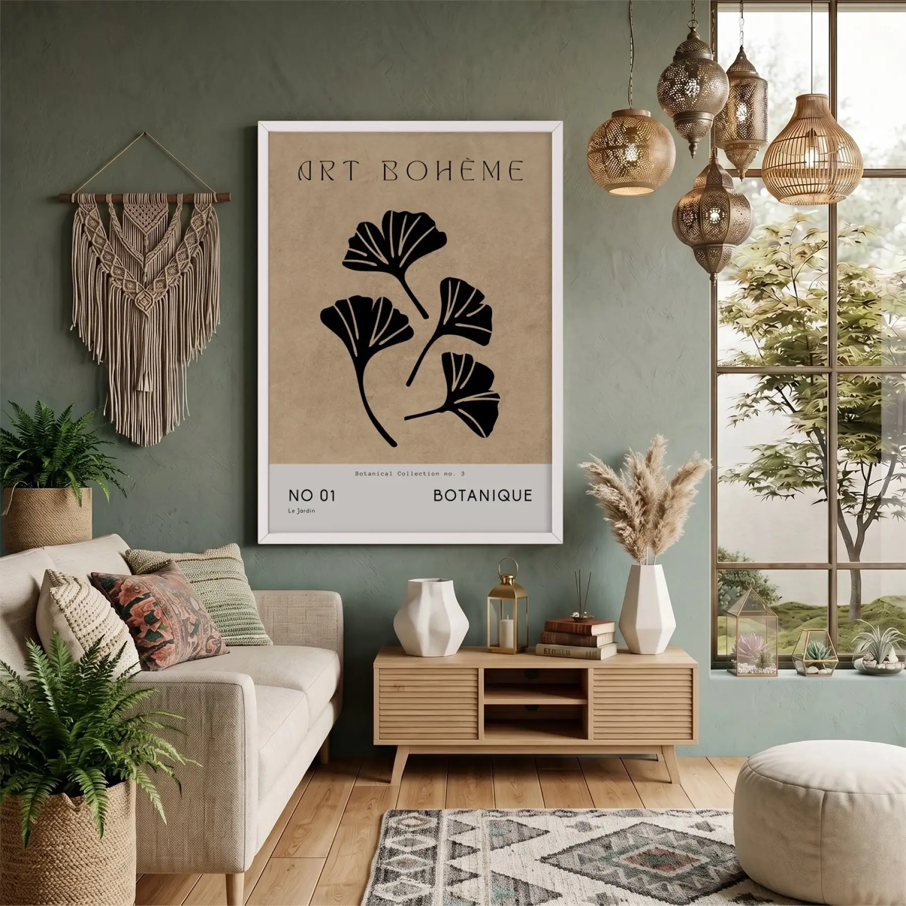 Bej Ginkgo Minimalist Beyaz Ahşap Çerçeveli Tablo Mekan Yatak Koridor Ofis Kanvas Görünümlü