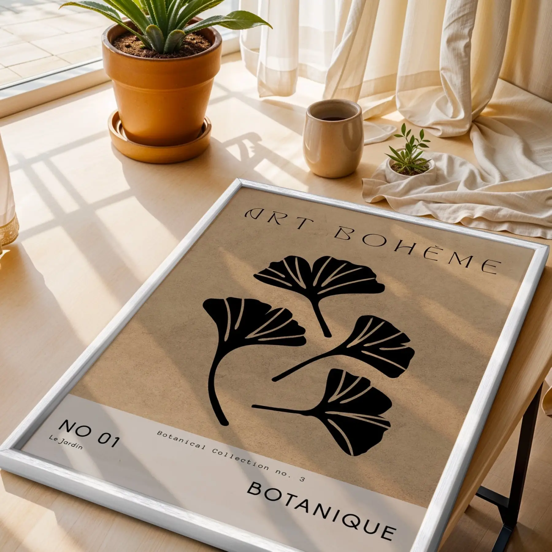 Bej Ginkgo Minimalist Beyaz Ahşap Çerçeveli Tablo Mekan Yatak Koridor Ofis Kanvas Görünümlü