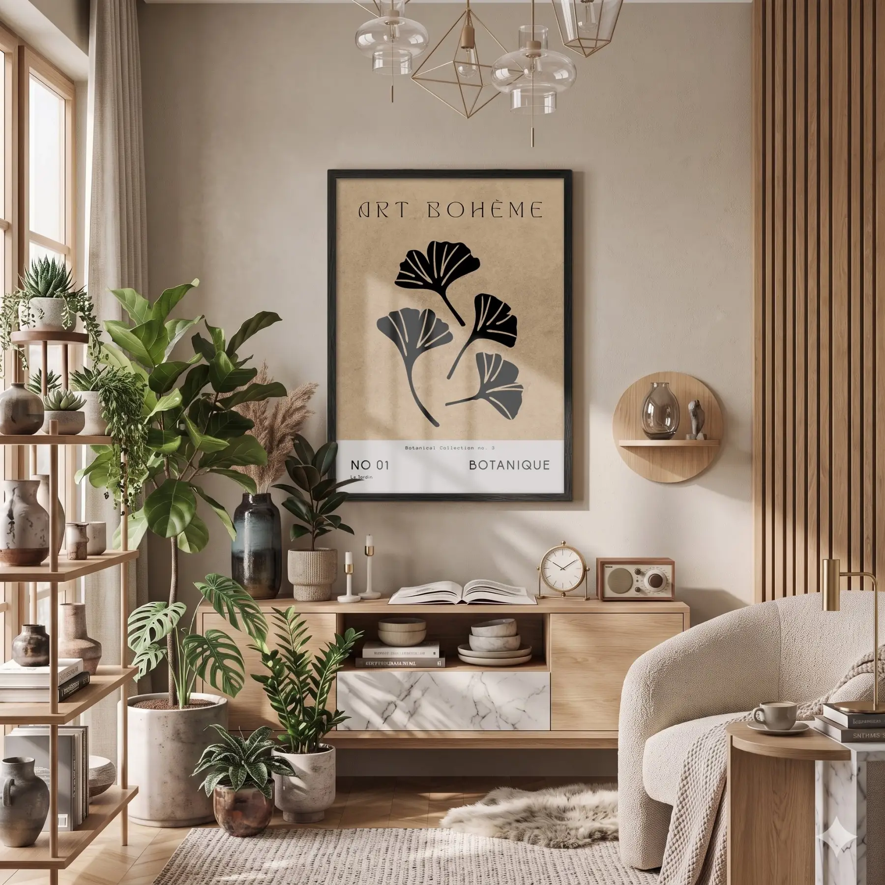 Bej Ginkgo Minimalist Siyah Ahşap Çerçeveli Tablo Poster Dekoratif Obje Ev Aksesuarları Modern