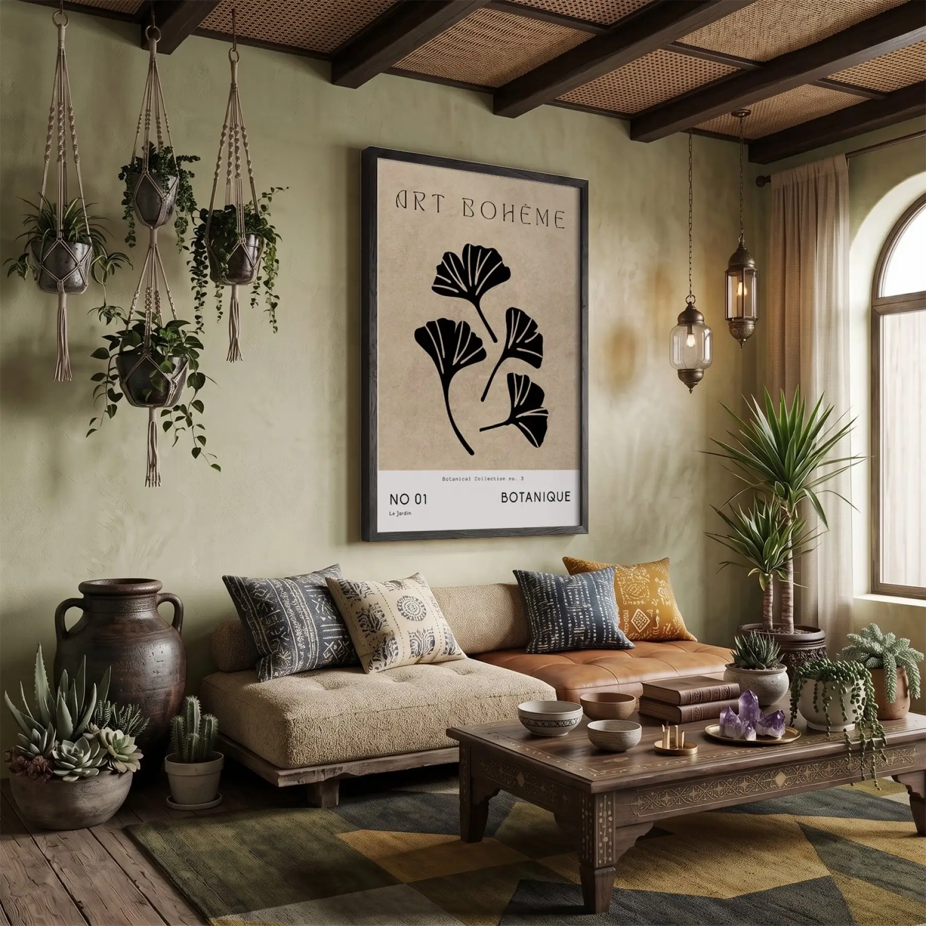 Bej Ginkgo Minimalist Siyah Ahşap Çerçeveli Tablo Poster Dekoratif Obje Ev Aksesuarları Modern