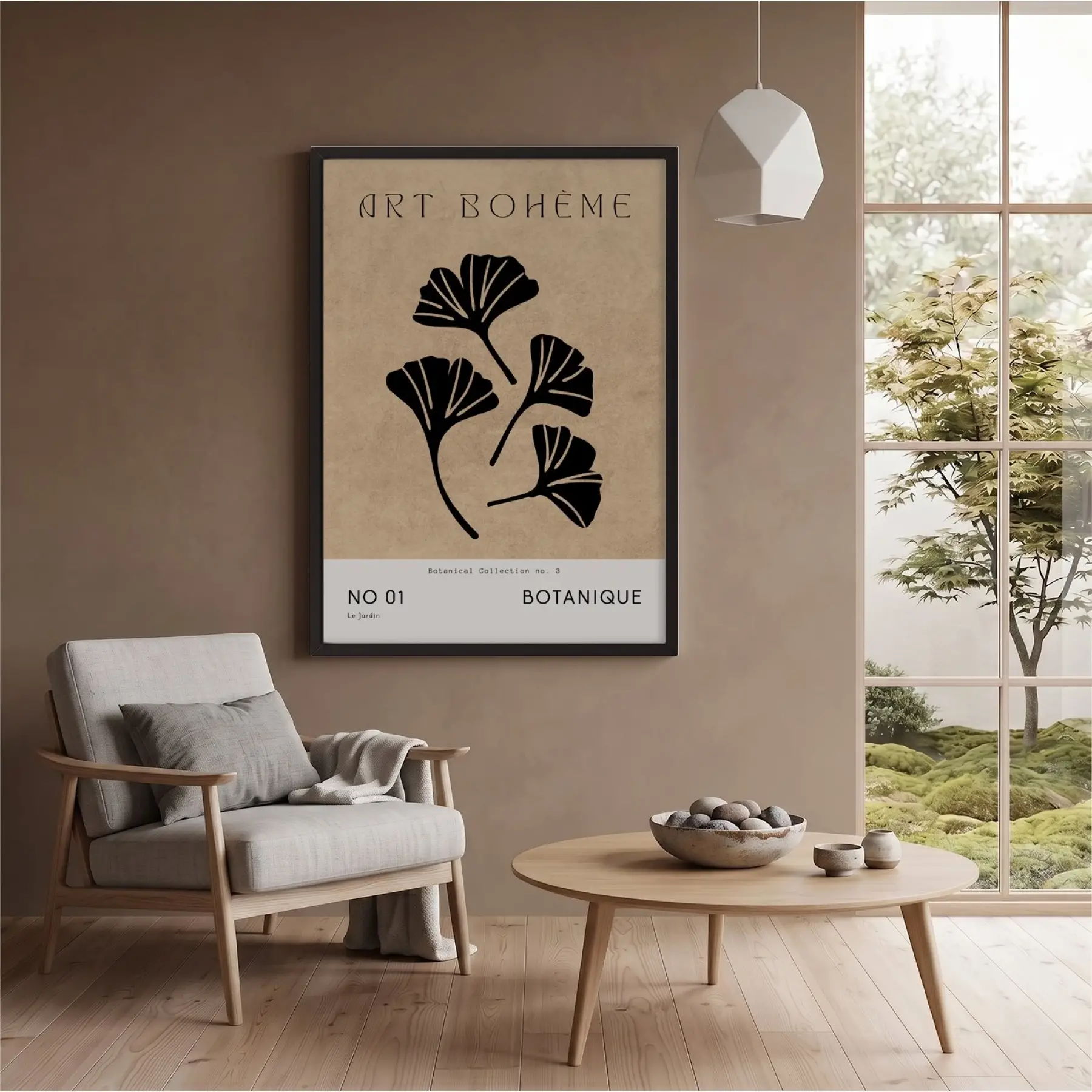 Bej Ginkgo Minimalist Siyah Ahşap Çerçeveli Tablo Poster Dekoratif Obje Ev Aksesuarları Modern