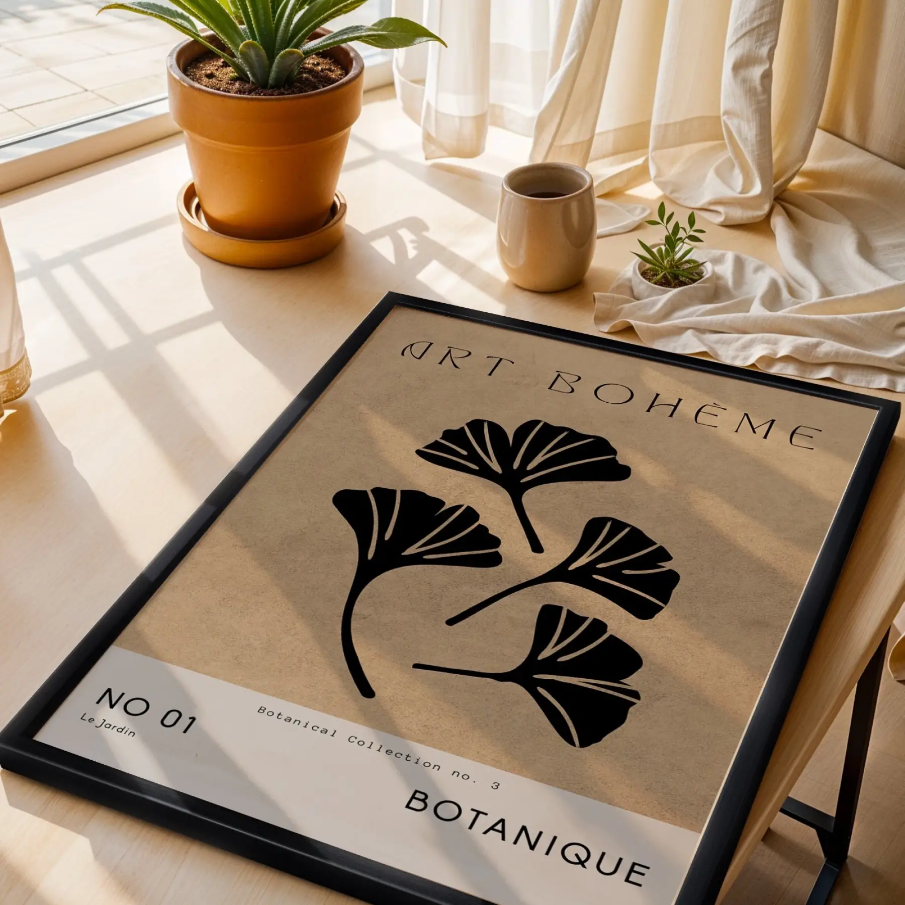 Bej Ginkgo Minimalist Siyah Ahşap Çerçeveli Tablo Poster Dekoratif Obje Ev Aksesuarları Modern