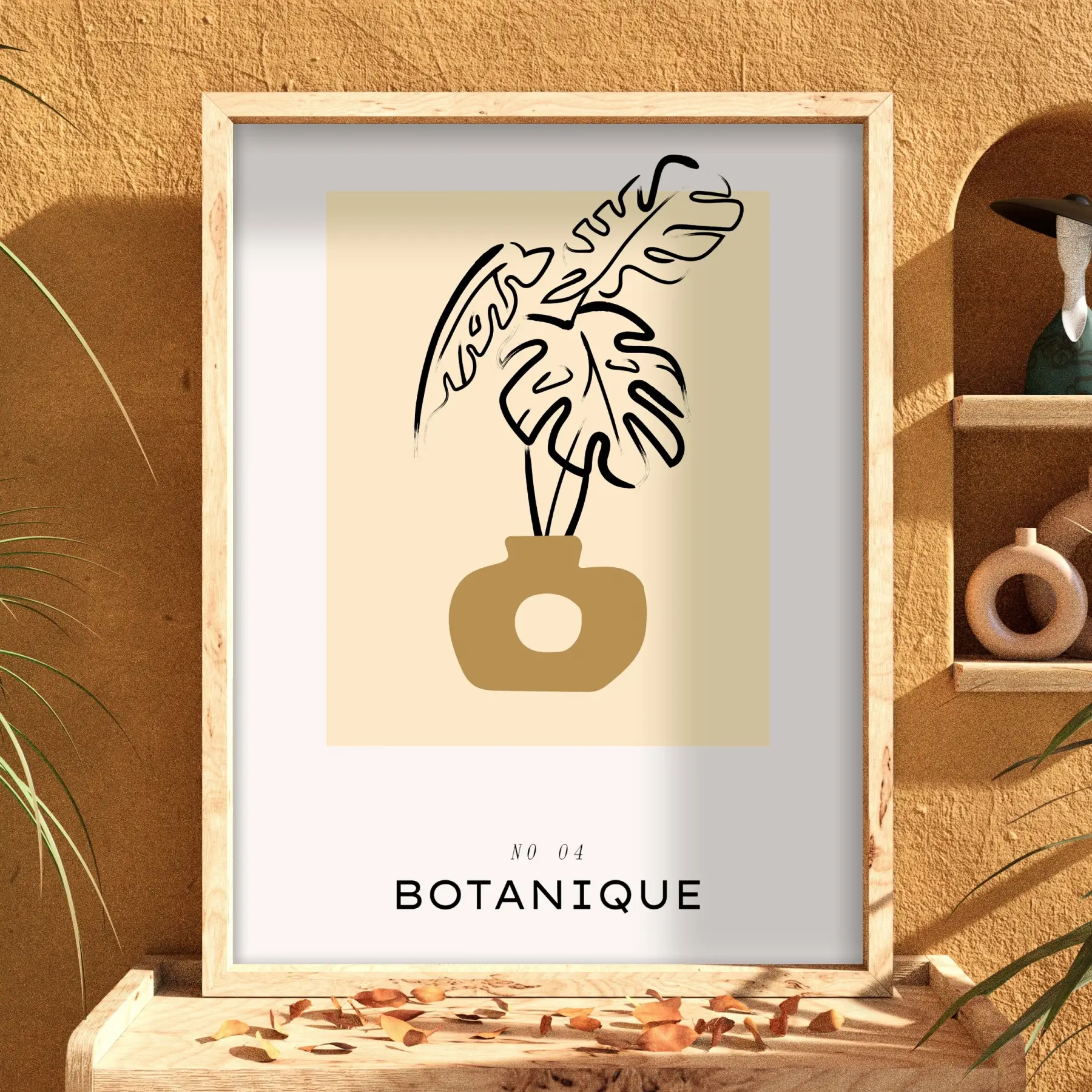 Bej Tonlarda Botanik Vazo Doğal Ahşap Çerçeveli Tablo Bohem Ev Aksesuarları Modern Sanat
