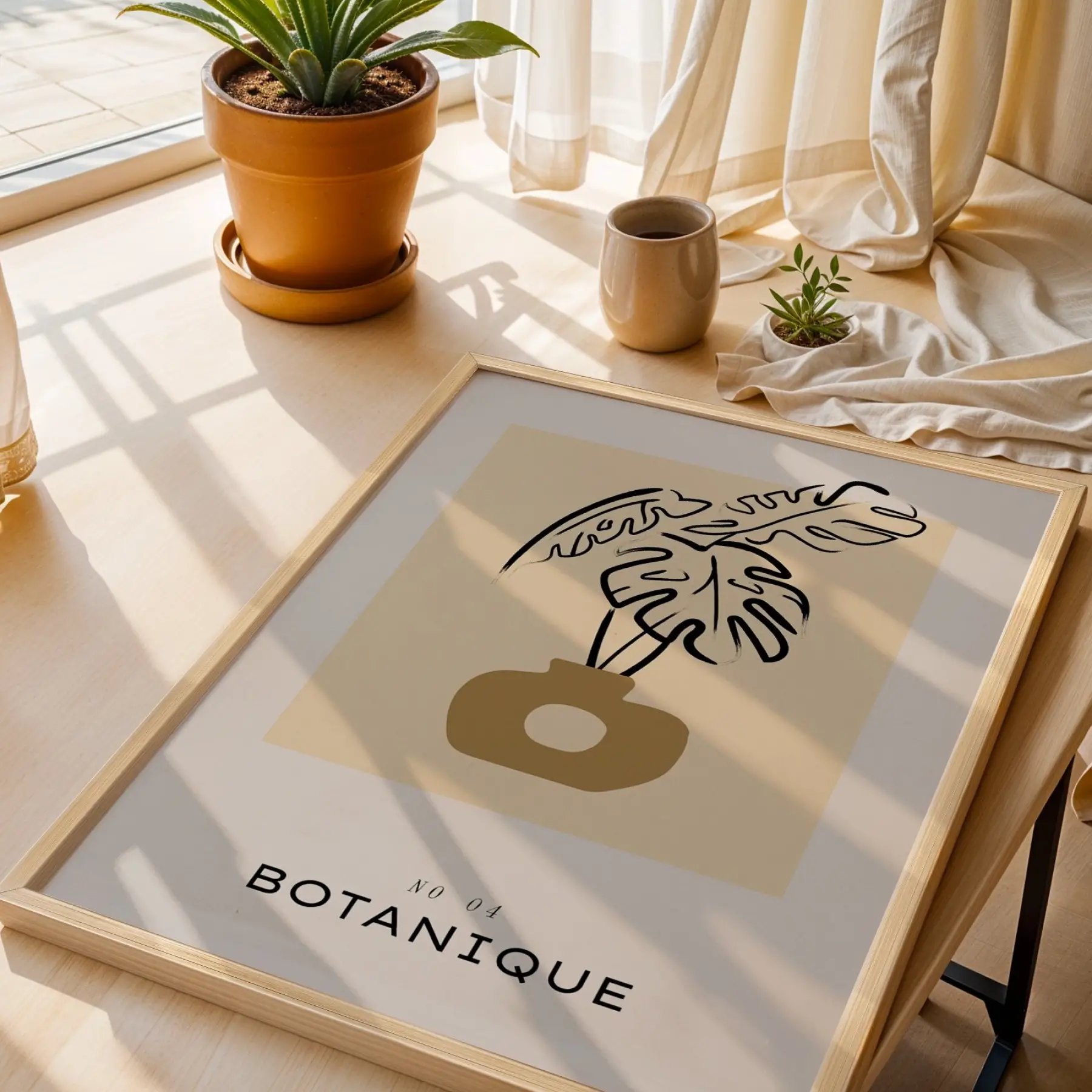 Bej Tonlarda Botanik Vazo Doğal Ahşap Çerçeveli Tablo Bohem Ev Aksesuarları Modern Sanat