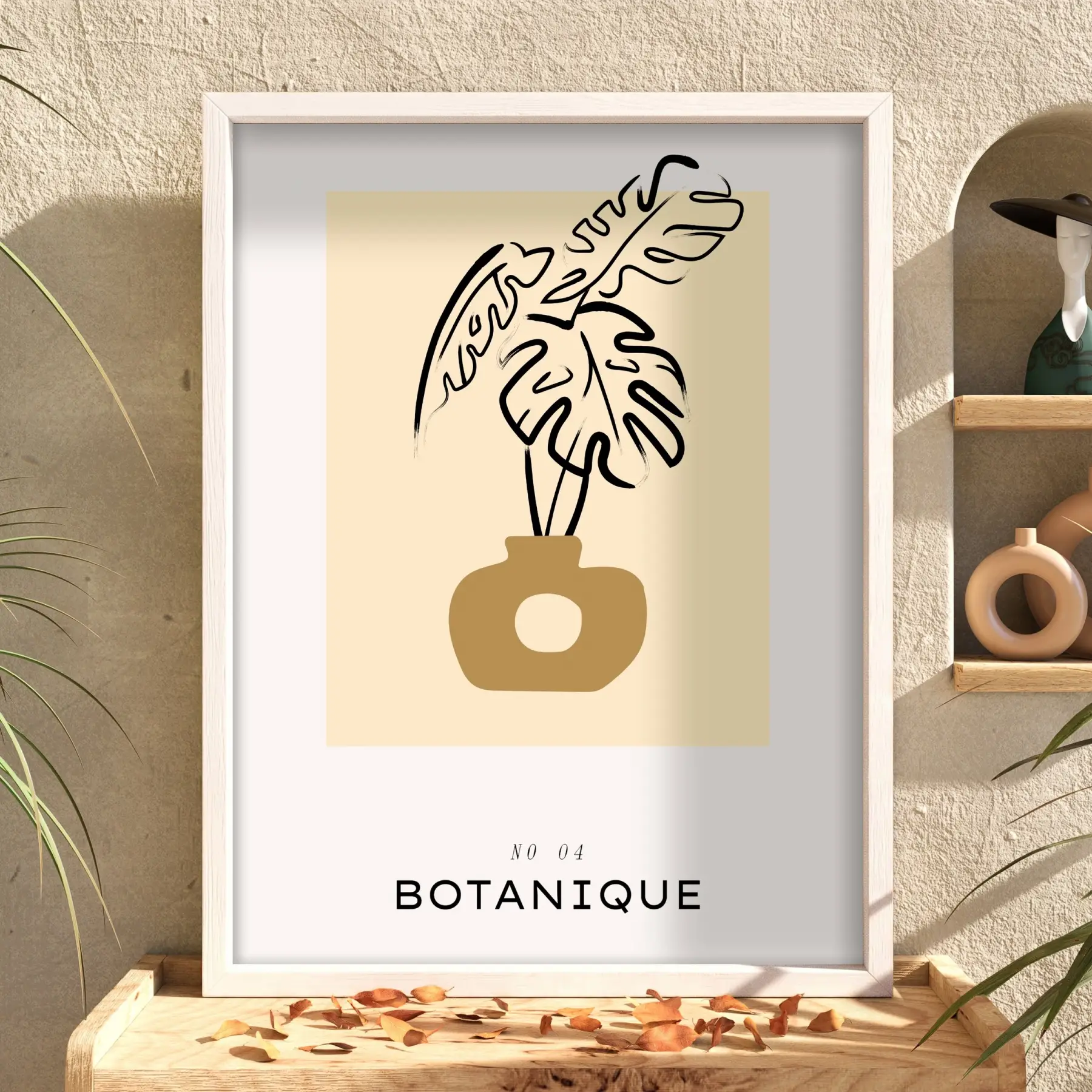 Bej Tonlarda Botanik Vazo Beyaz Ahşap Çerçeveli Tablo Bohem Sanat İç Mekan Yatak