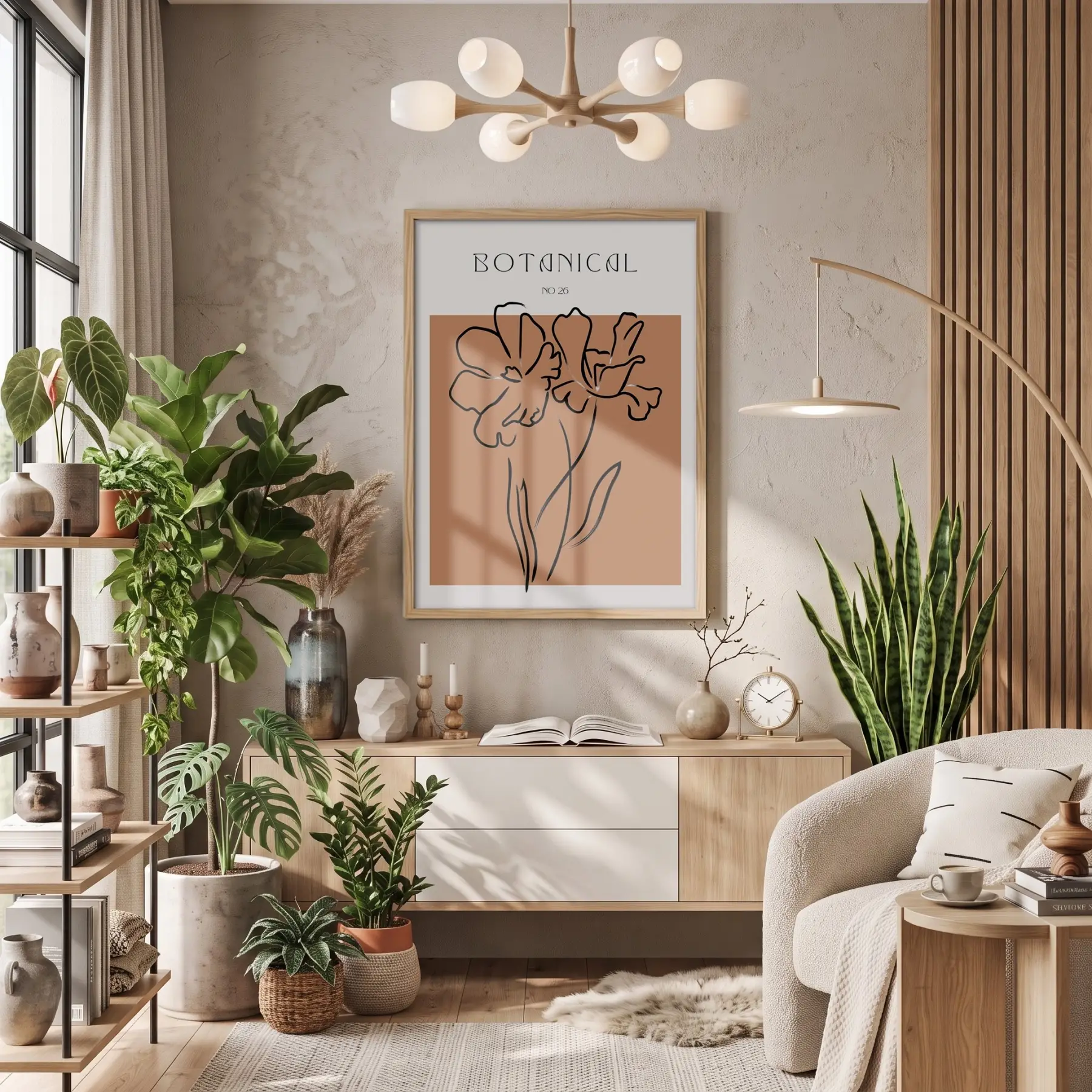 Minimalist Botanik Çizim Doğal Ahşap Çerçeveli Tablo Bohem Dekoratif Obje Ev Aksesuarları Modern
