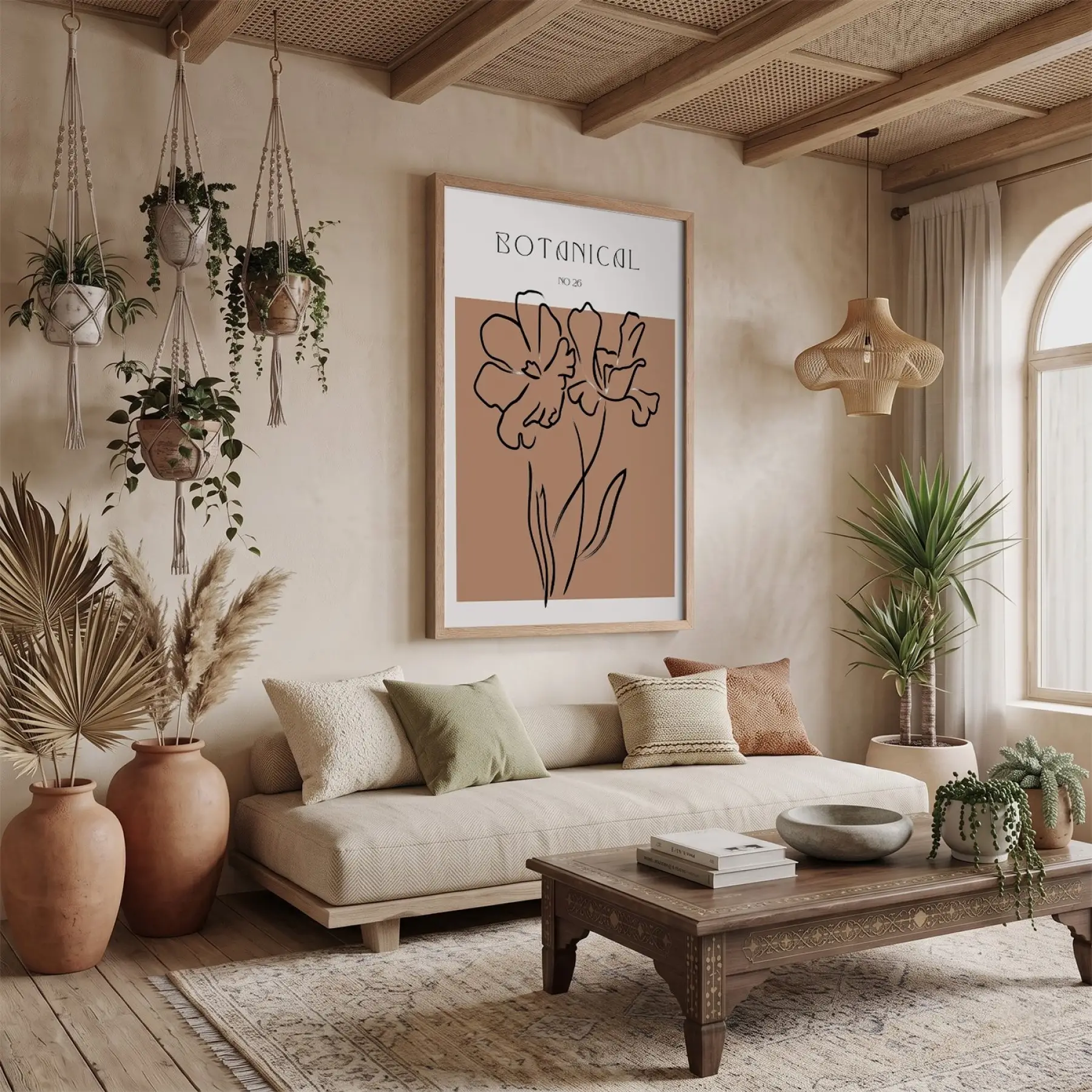 Minimalist Botanik Çizim Doğal Ahşap Çerçeveli Tablo Bohem Dekoratif Obje Ev Aksesuarları Modern