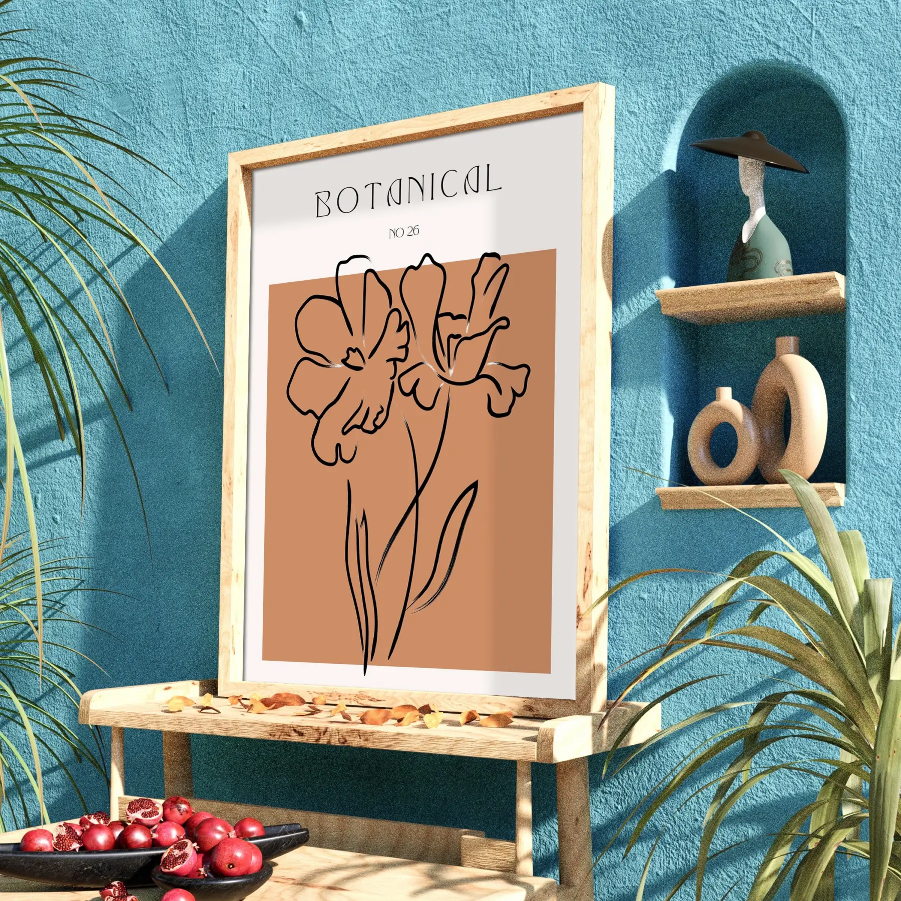 Minimalist Botanik Çizim Doğal Ahşap Çerçeveli Tablo Bohem Dekoratif Obje Ev Aksesuarları Modern
