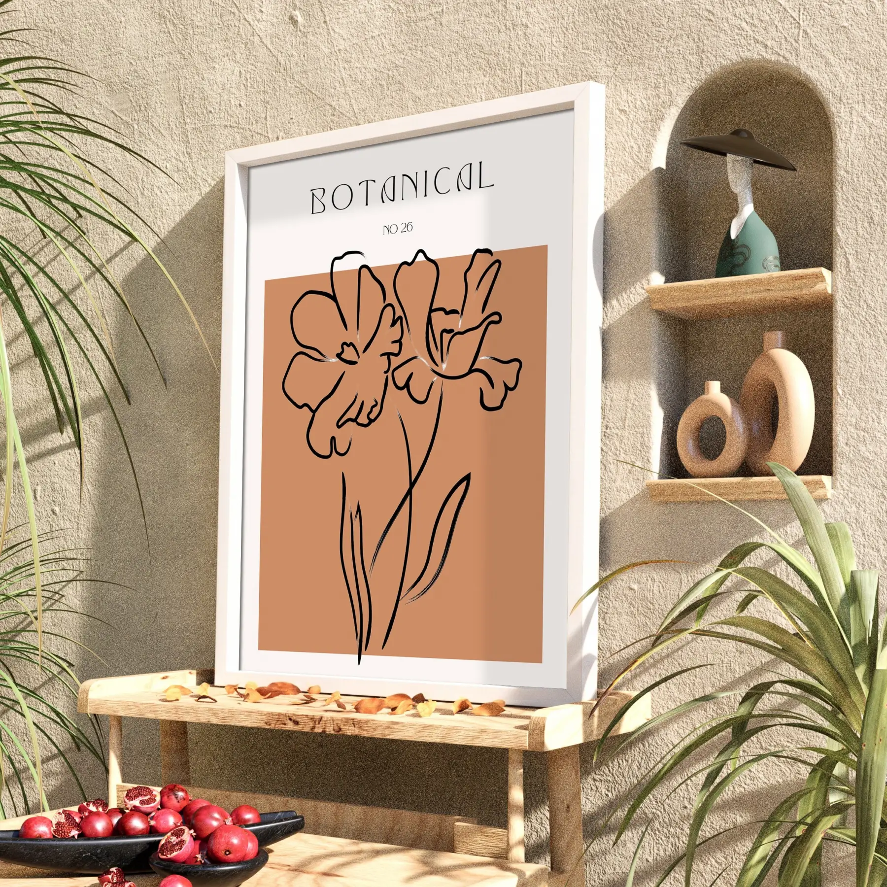 Minimalist Botanik Çizim Beyaz Ahşap Çerçeveli Tablo Bohem Dekoratif Obje Ev Aksesuarları Modern