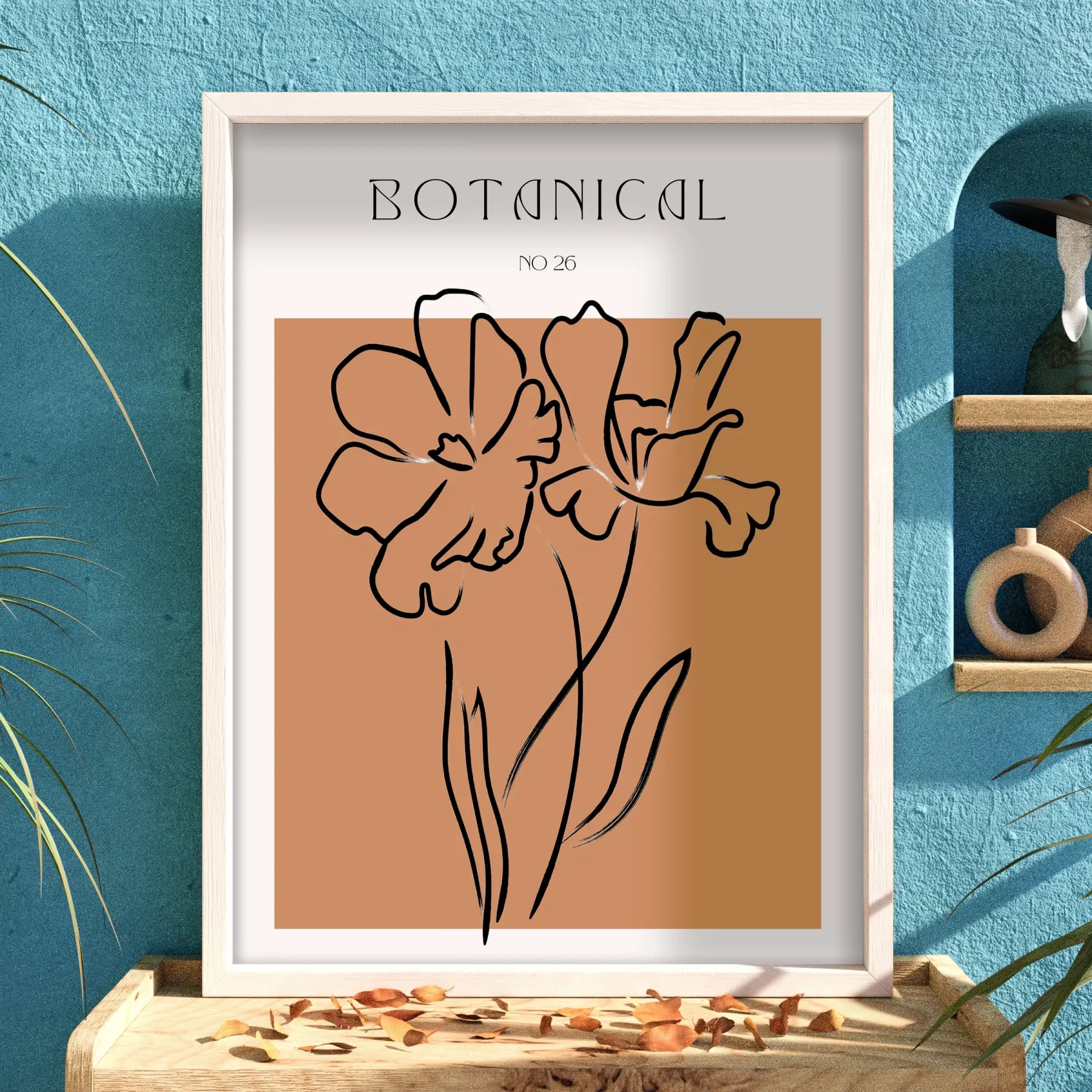 Minimalist Botanik Çizim Beyaz Ahşap Çerçeveli Tablo Bohem Dekoratif Obje Ev Aksesuarları Modern