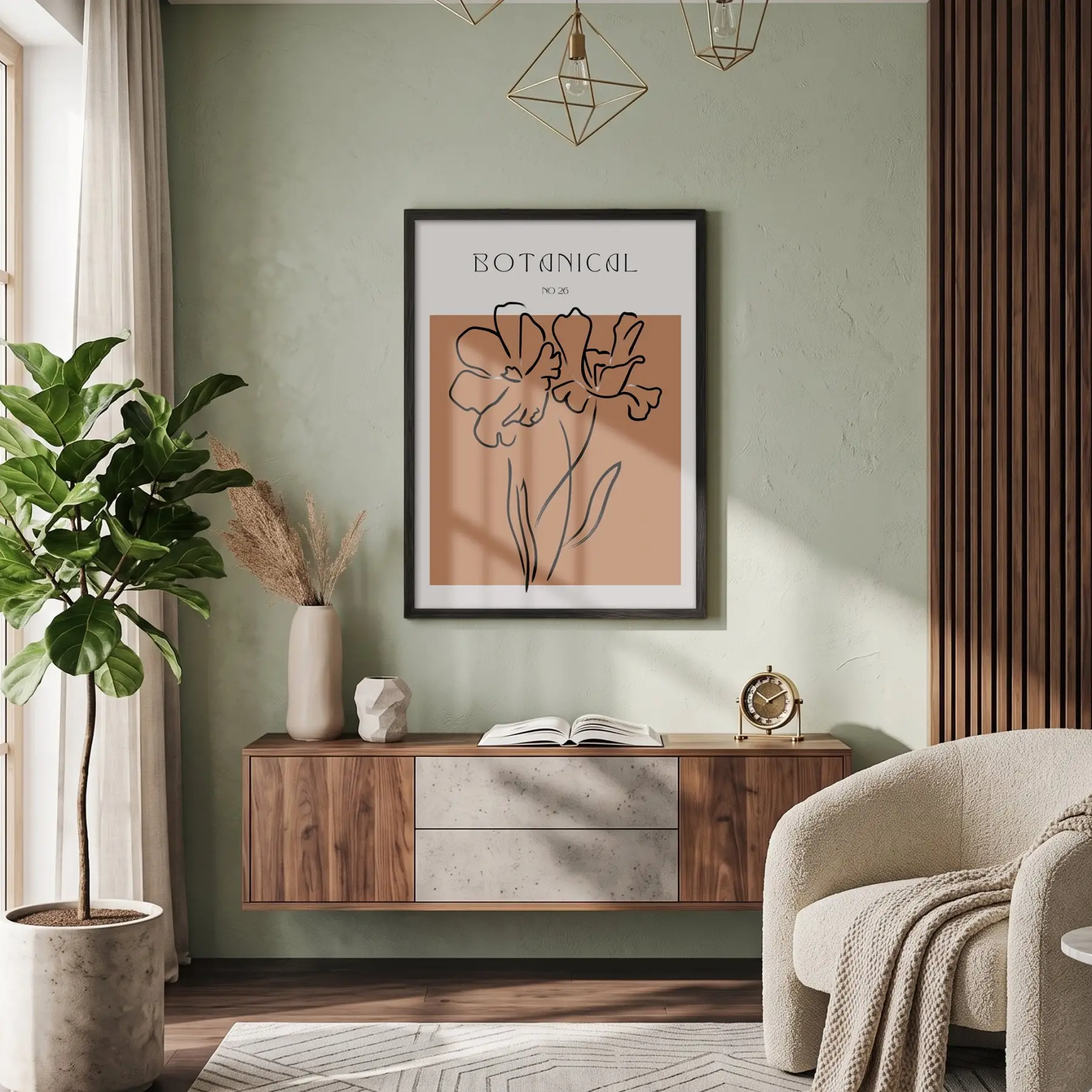 Minimalist Botanik Çizim Siyah Ahşap Çerçeveli Tablo Bohem Görünümlü Salon Oturma Odası Duvar